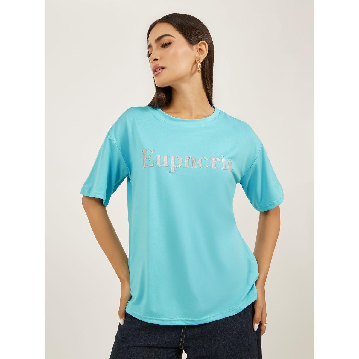 تيشيرت فضفاض بطبعة كتابة وأكمام قصيرة-women-clothing-tshirts-image-3
