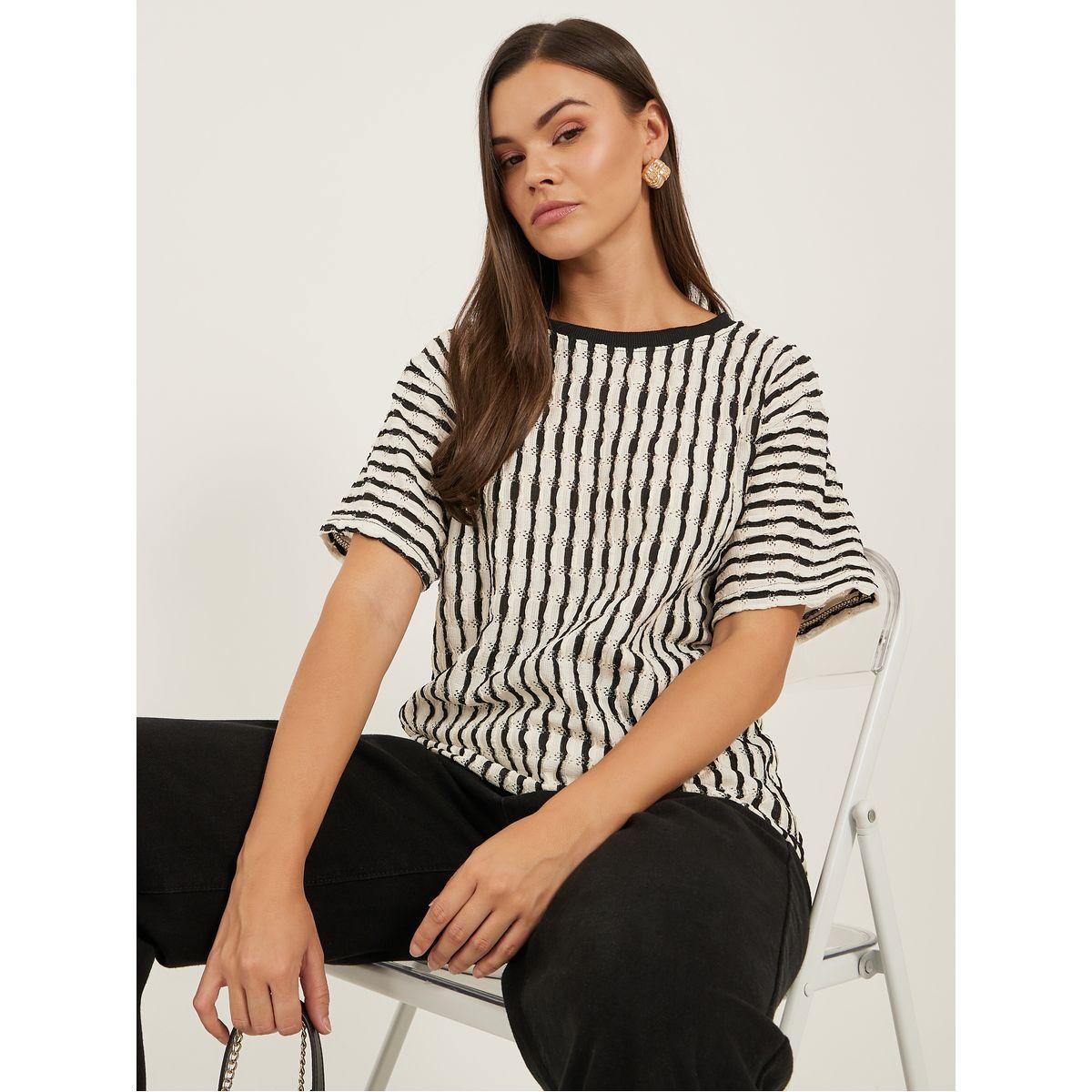 Styli Textured Round Neck Short Sleeve T-Shirt-women-clothing-tshirts-image-1