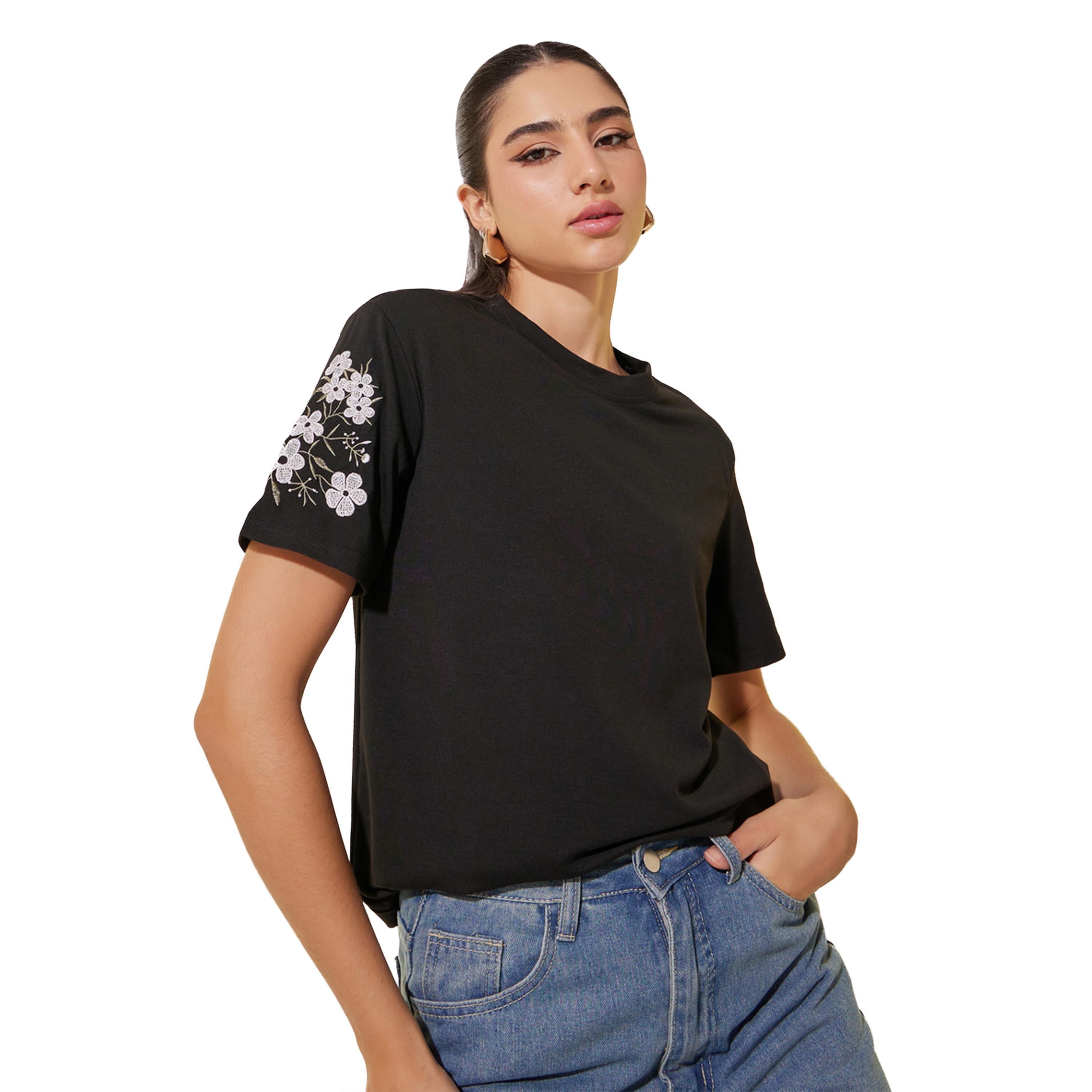 Styli Knitted Round Neck Short Sleeve Embroidered Detail T-Shirt-women-clothing-tshirts-image-1