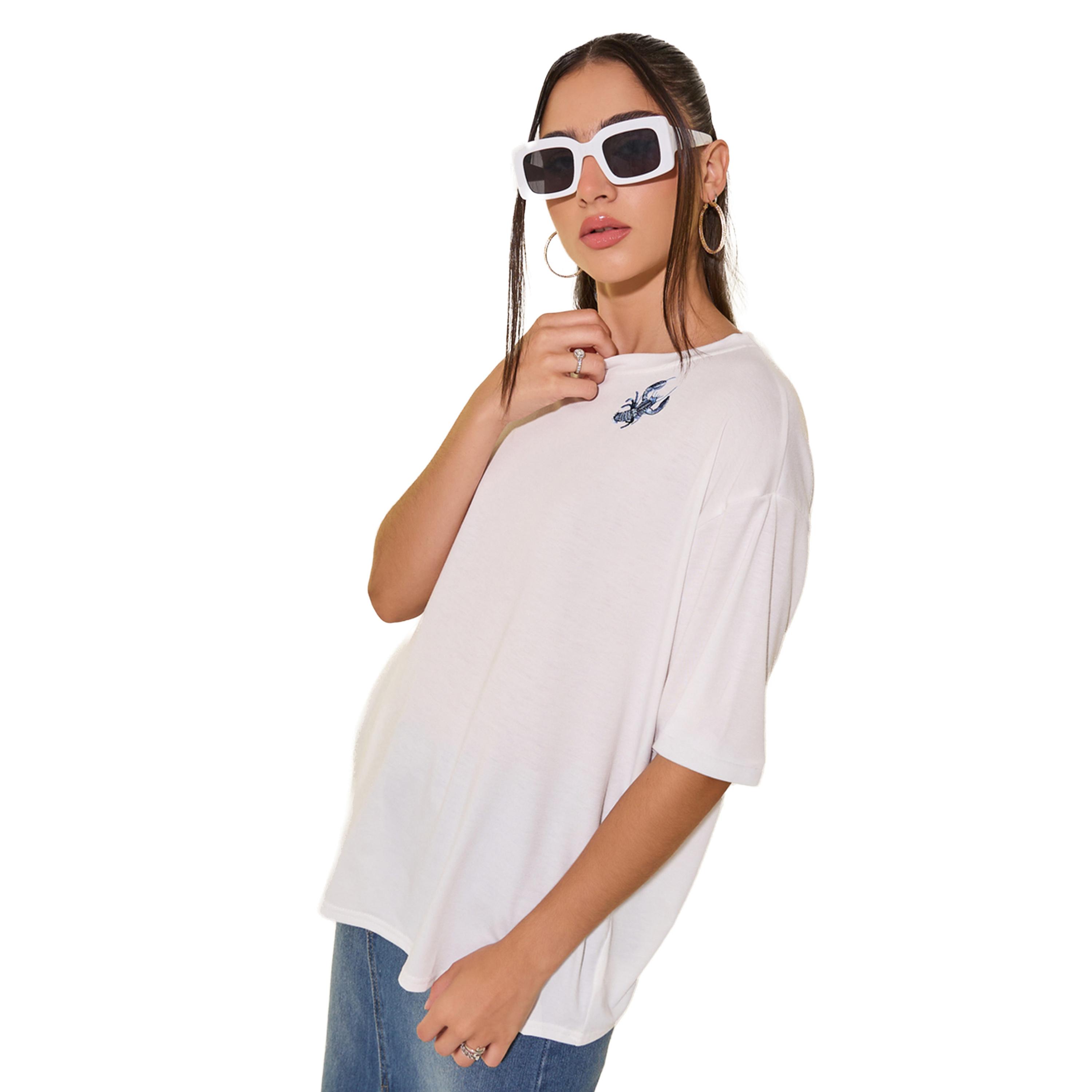 Styli Round Neck Embroidered Sleeve Detail T-Shirt-women-clothing-tshirts-image-1