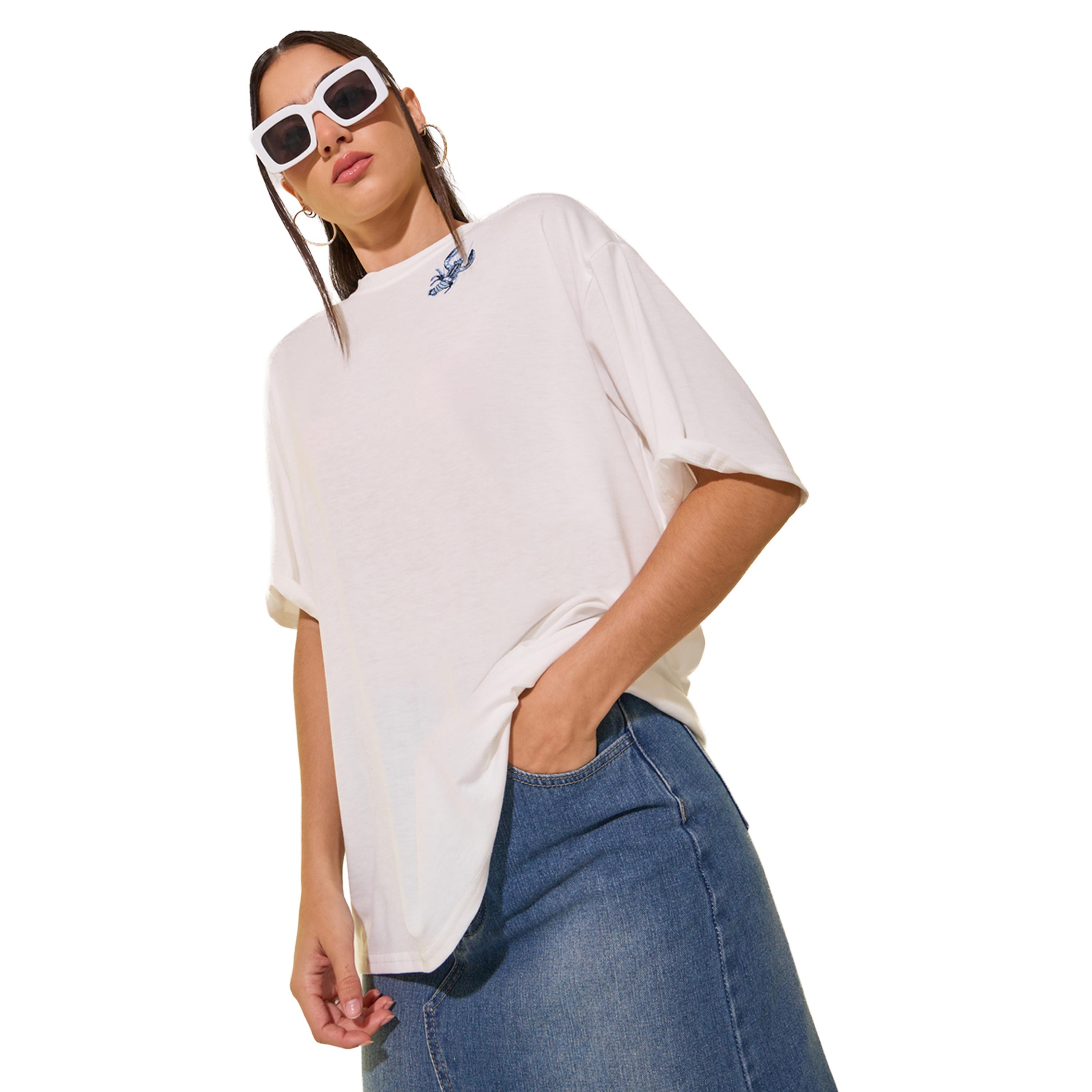 Styli Round Neck Embroidered Sleeve Detail T-Shirt-women-clothing-tshirts-image-3