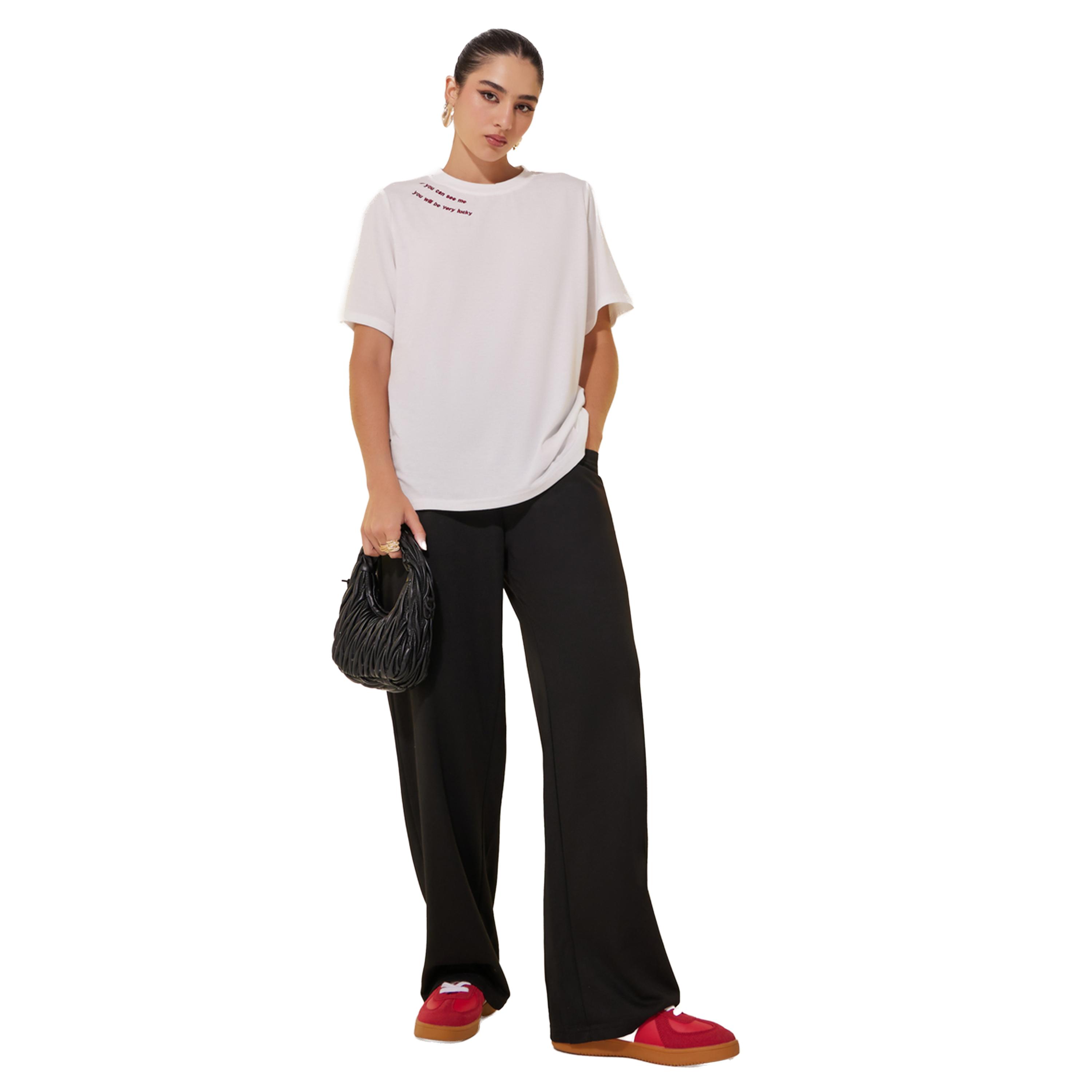 Styli Solid Round Neck Detail T-shirt-women-clothing-tshirts-image-2