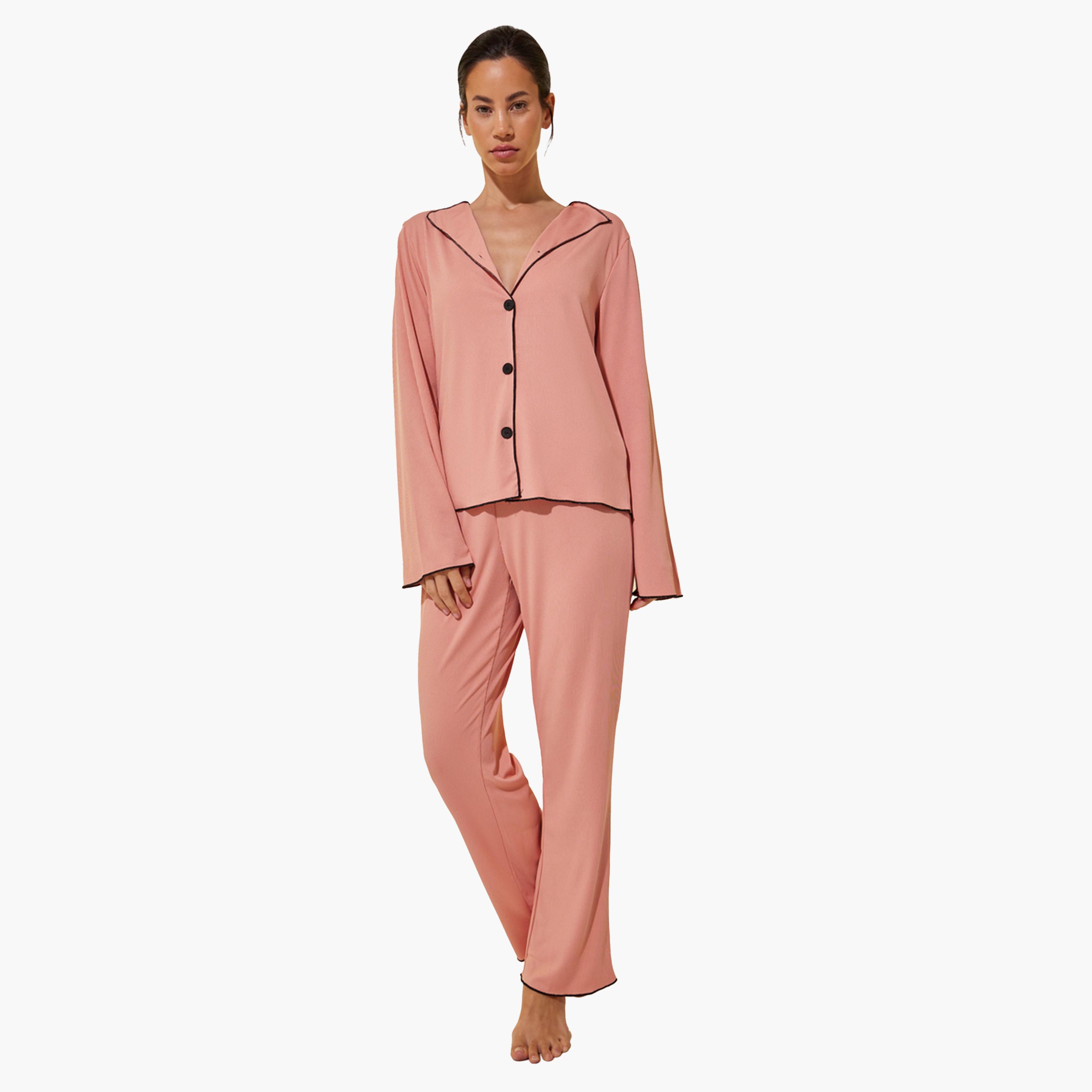Styli Ribbed Contrast Trim Long Sleeve Shirt and Pyjama Set-women-clothing-nightwear-pyjamas-longsets-image-1