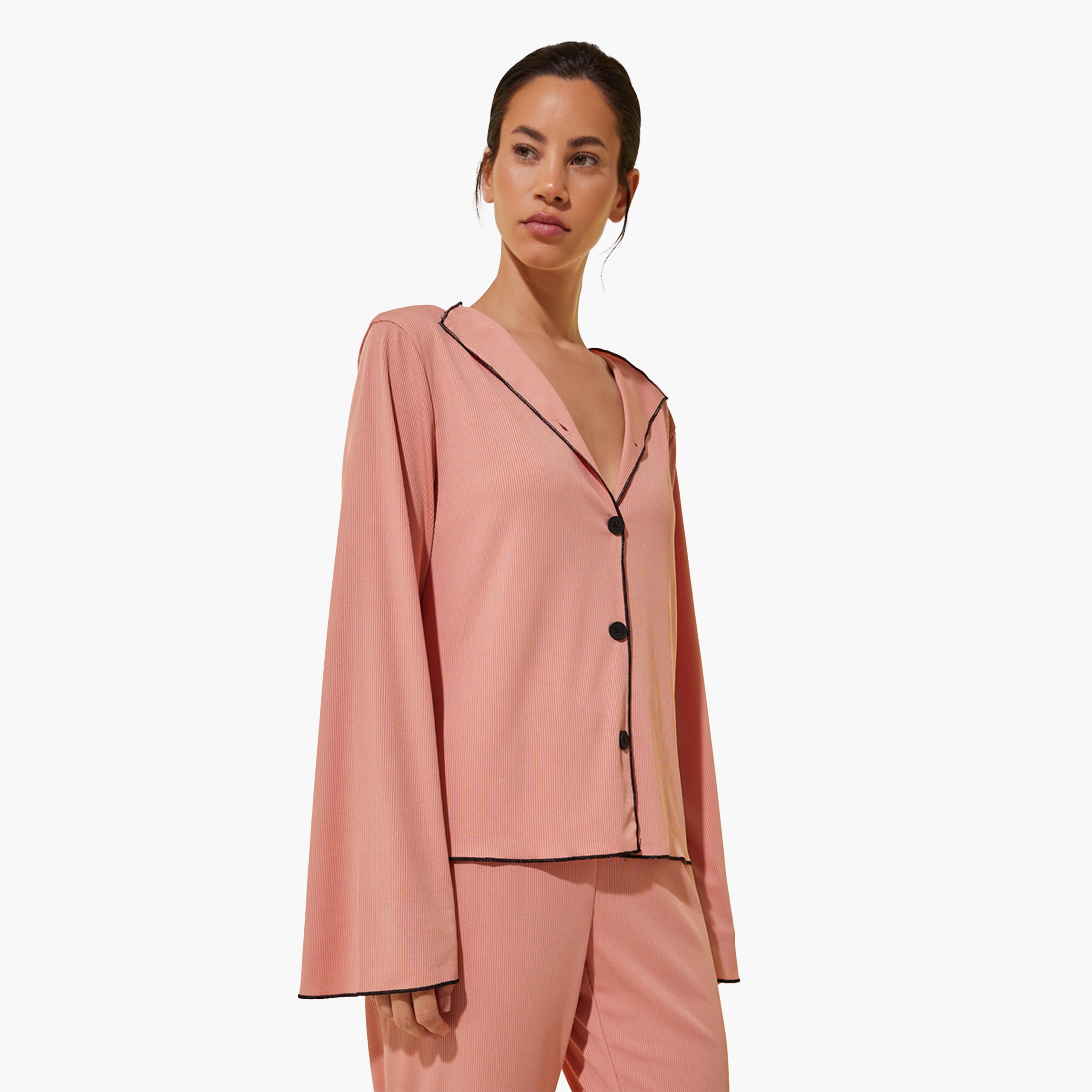 Styli Ribbed Contrast Trim Long Sleeve Shirt and Pyjama Set-women-clothing-nightwear-pyjamas-longsets-image-2