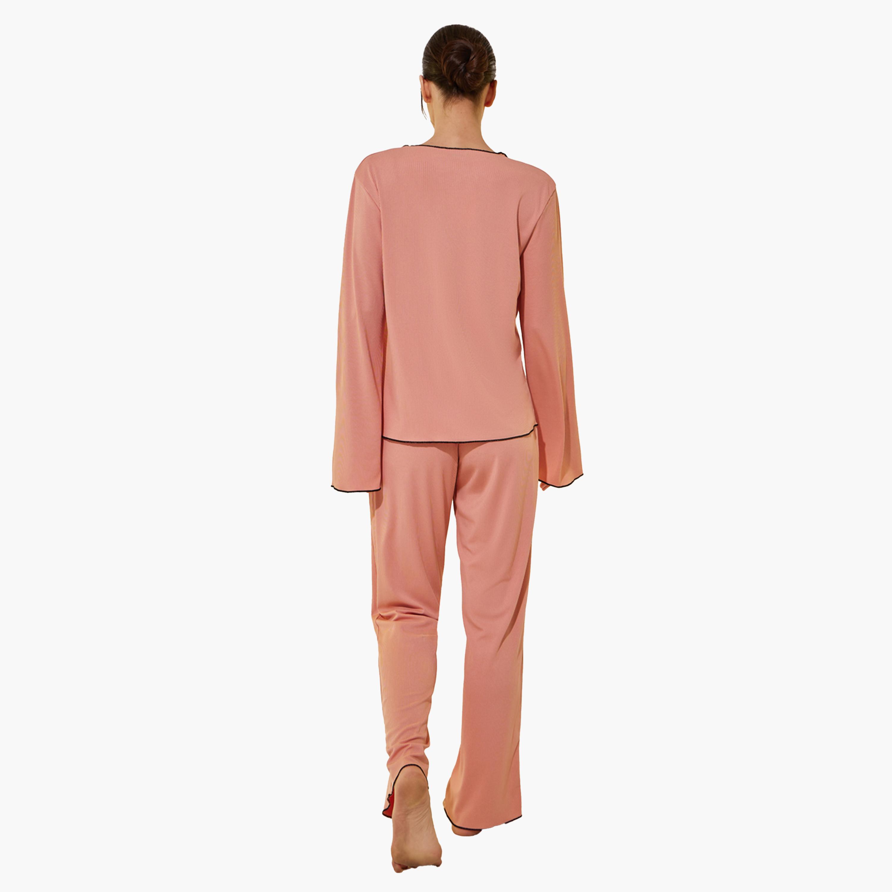 Styli Ribbed Contrast Trim Long Sleeve Shirt and Pyjama Set-women-clothing-nightwear-pyjamas-longsets-image-5