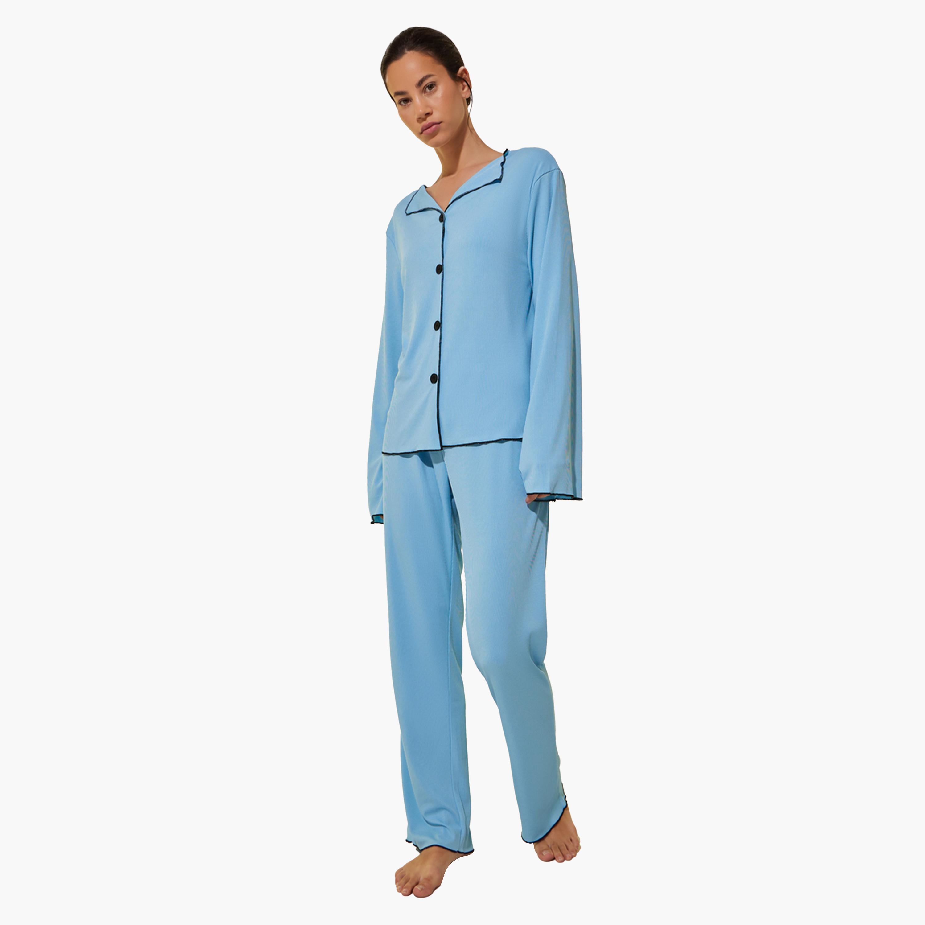 ستايلي - طقم بنطال بيجاما وقميص بأكمام طويلة وحواف متباينة مضلعة-women-clothing-nightwear-pyjamas-longsets-image-1