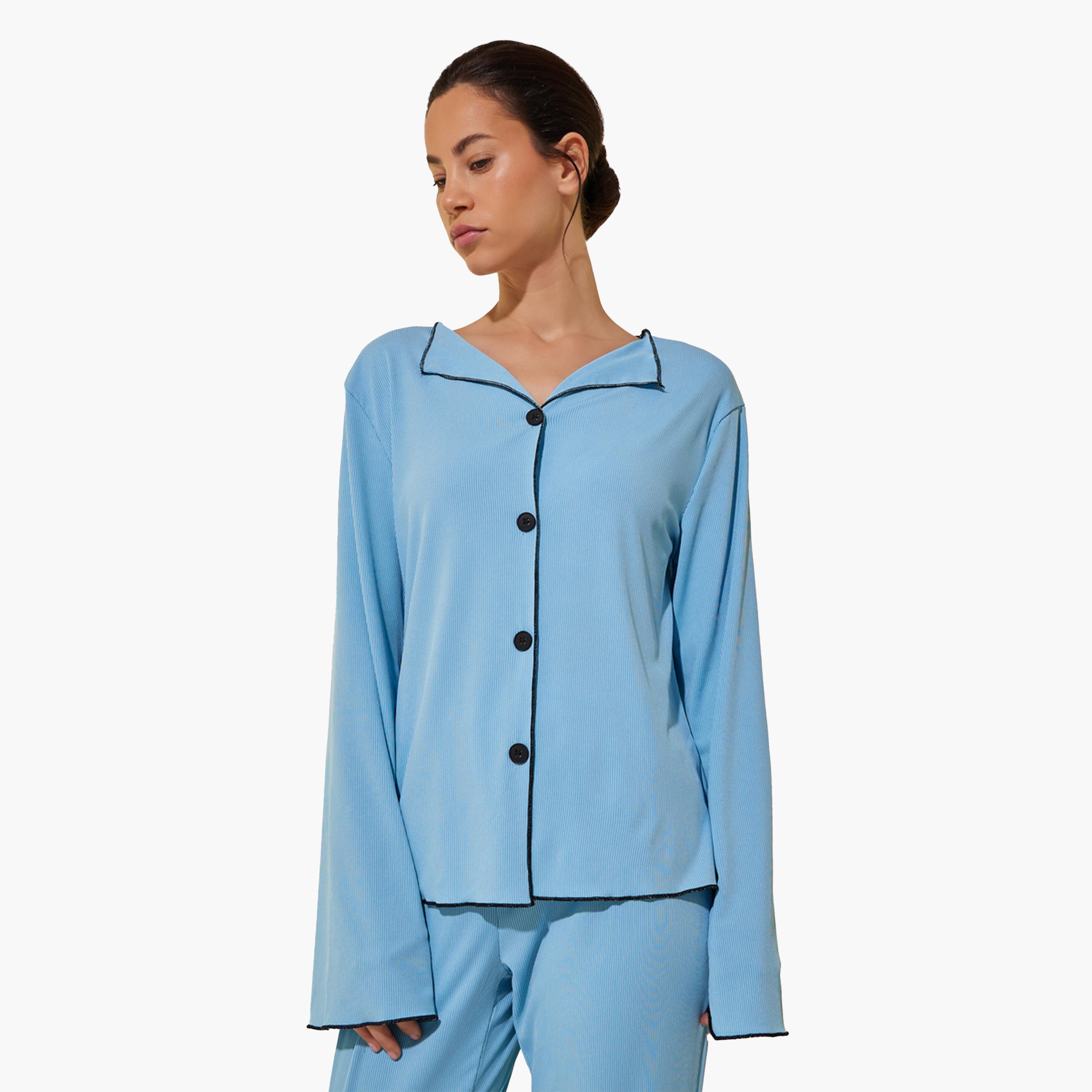 ستايلي - طقم بنطال بيجاما وقميص بأكمام طويلة وحواف متباينة مضلعة-women-clothing-nightwear-pyjamas-longsets-image-2