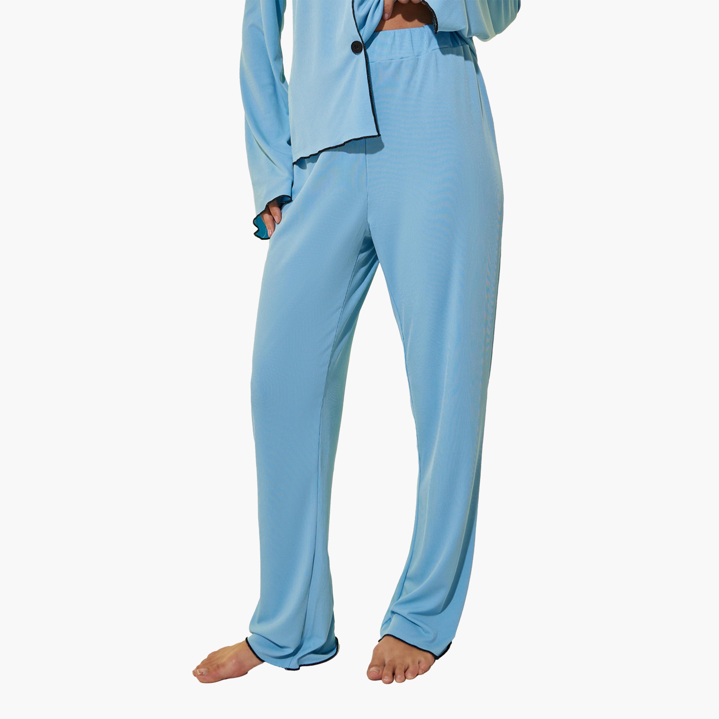 ستايلي - طقم بنطال بيجاما وقميص بأكمام طويلة وحواف متباينة مضلعة-women-clothing-nightwear-pyjamas-longsets-image-4