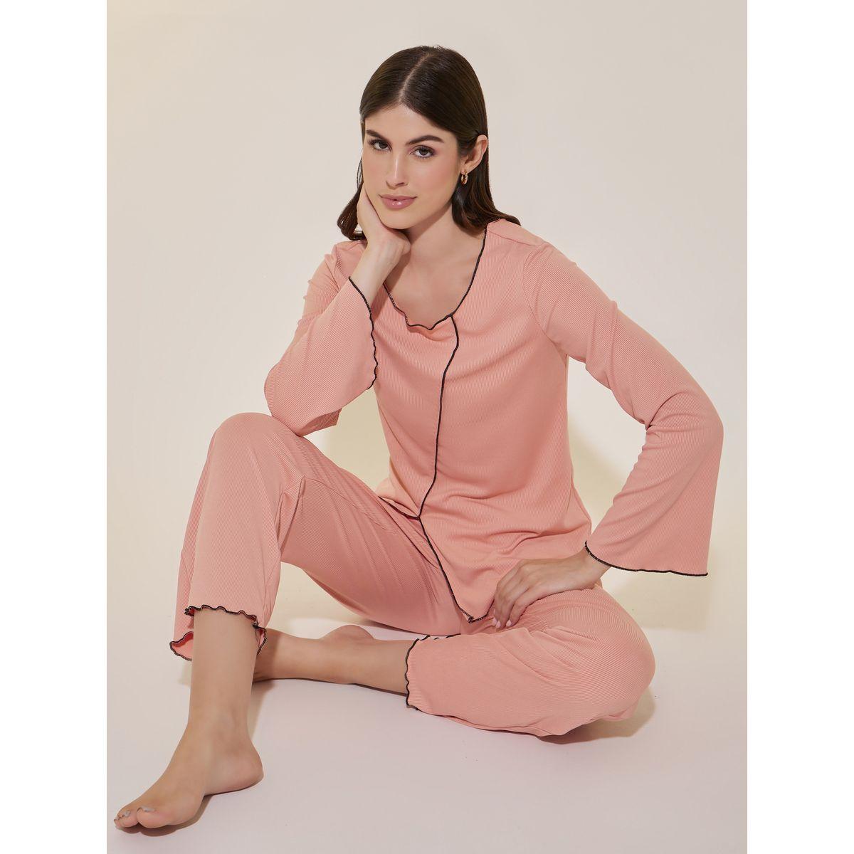 Styli Edge Rib Long Sleeve T-Shirt And Pajama Set-women-clothing-nightwear-pyjamas-longsets-image-1
