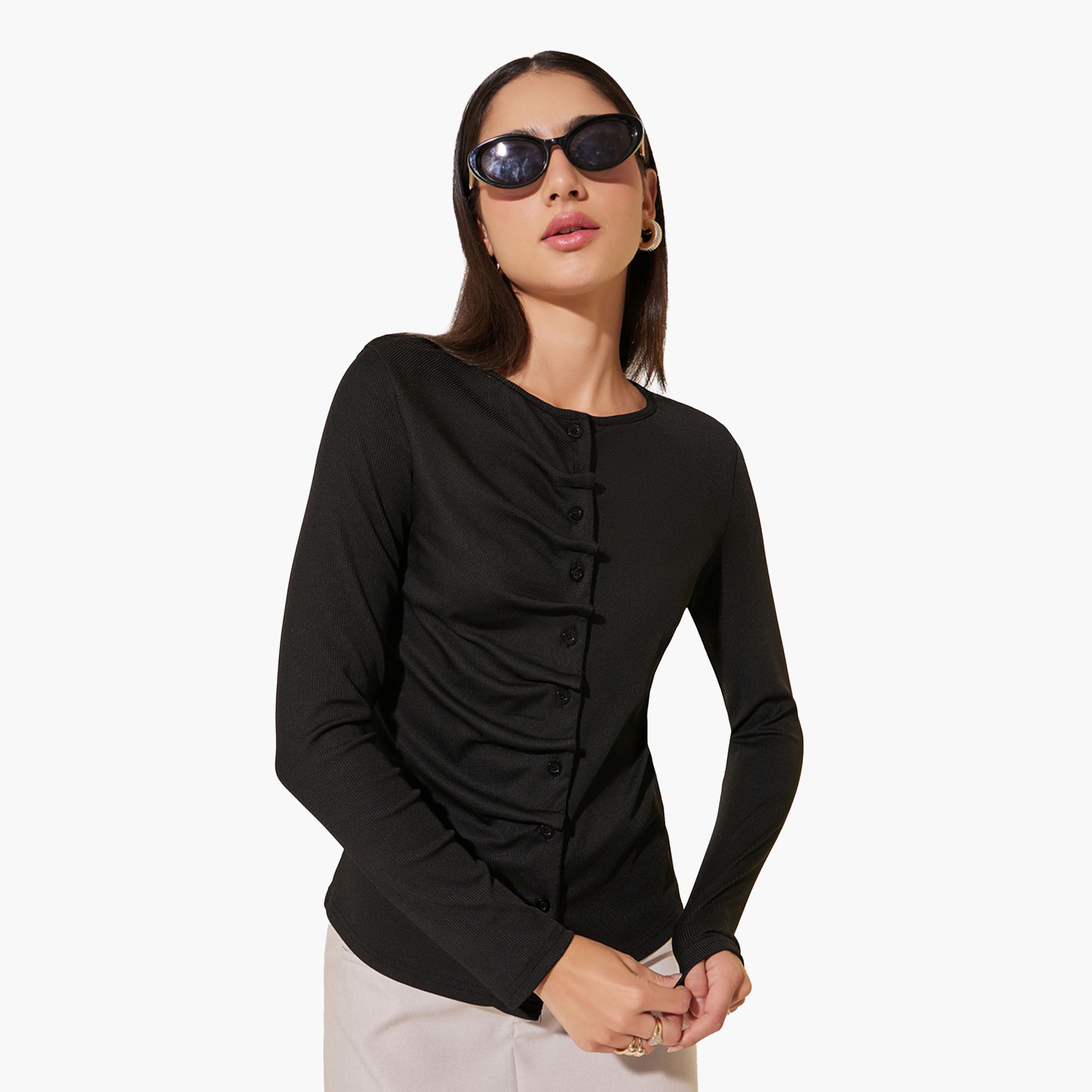 Styli Ribbed Long Sleeve Buttoned Knit Top-women-clothing-shirtsandblouses-blouses-image-1