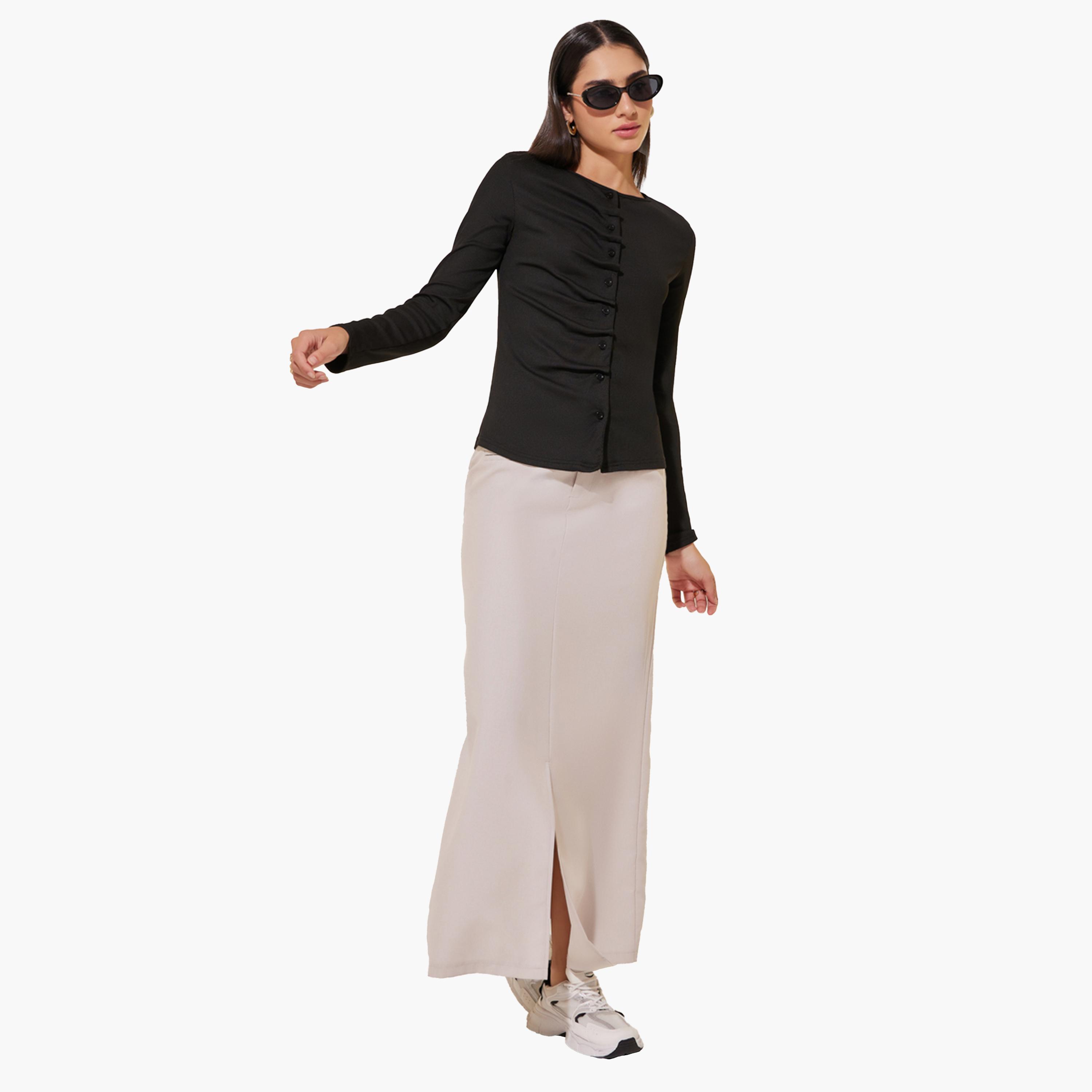 Styli Ribbed Long Sleeve Buttoned Knit Top-women-clothing-shirtsandblouses-blouses-image-2