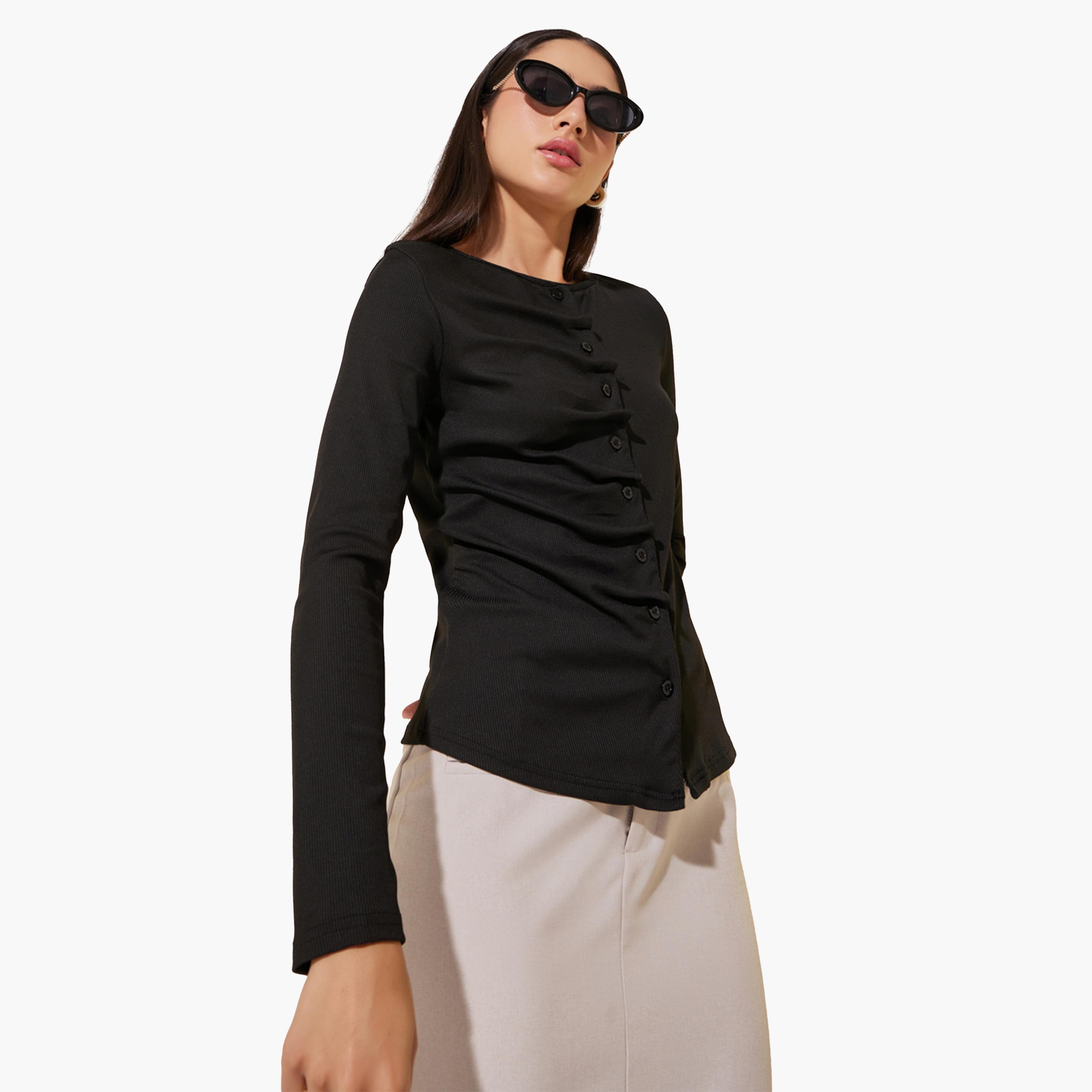 Styli Ribbed Long Sleeve Buttoned Knit Top-women-clothing-shirtsandblouses-blouses-image-3