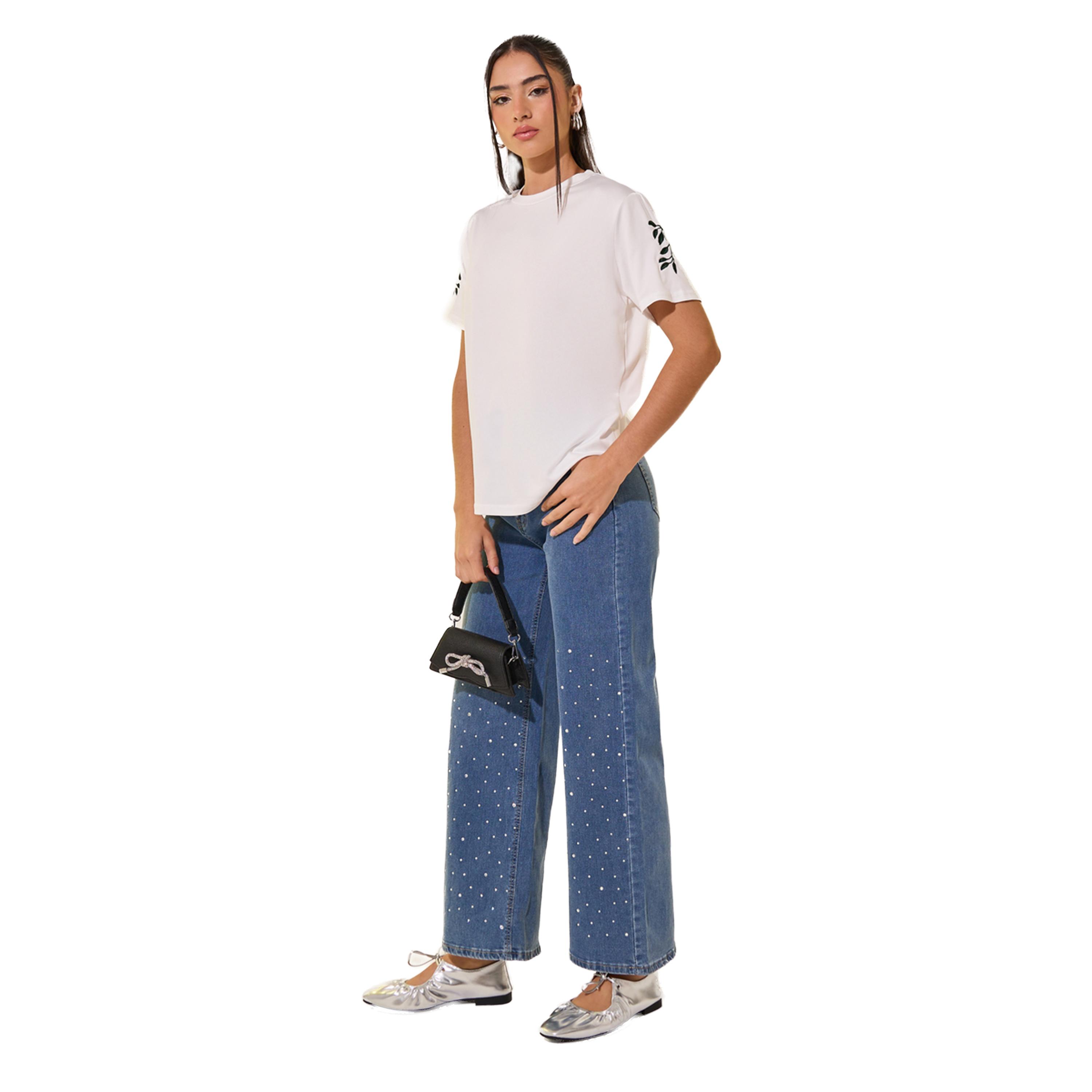 ستايلي -  تي شيرت برقبة دائرية وأكمام مطرزة-women-clothing-tshirts-image-2