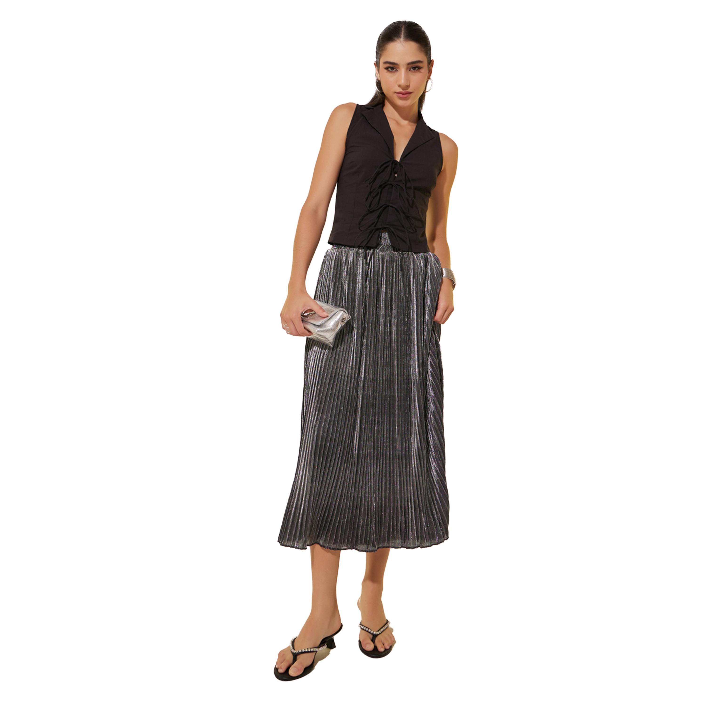 ستايلي -  تنورة ماكسي مطوية بحزام خصر مطاطي-women-clothing-bottoms-skirts-image-2