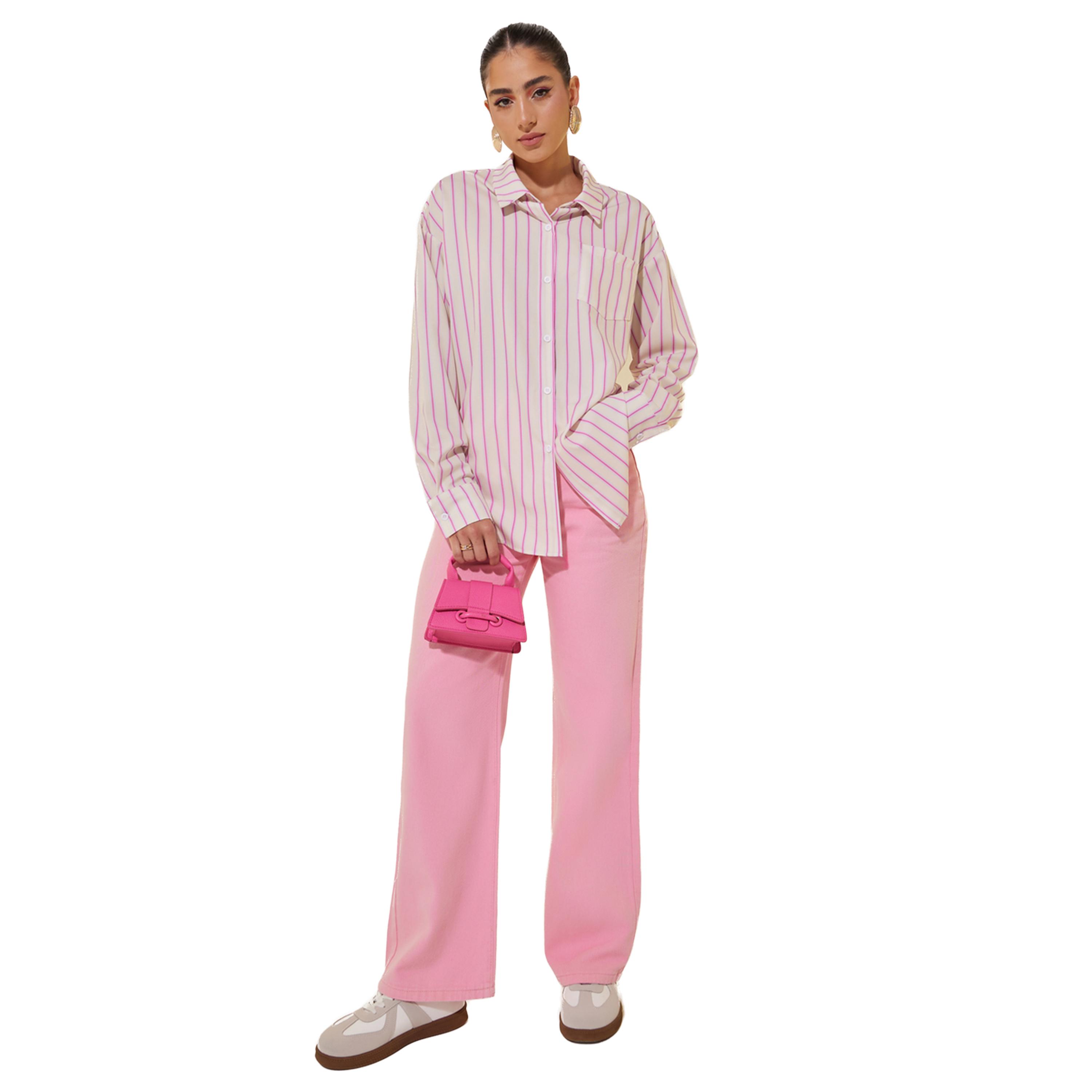 ستايلي - بنطال جينز سادة بخصر متوسط الارتفاع وواسع الساق-women-clothing-bottoms-jeans-image-1