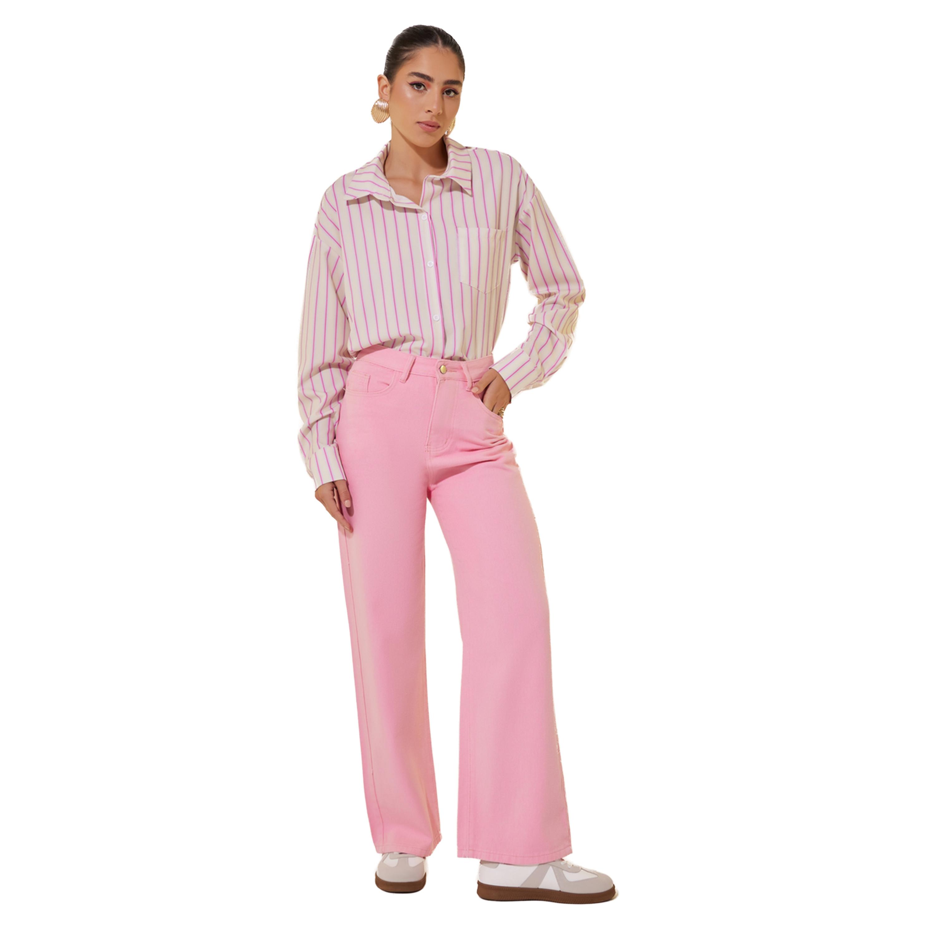 ستايلي - بنطال جينز سادة بخصر متوسط الارتفاع وواسع الساق-women-clothing-bottoms-jeans-image-2