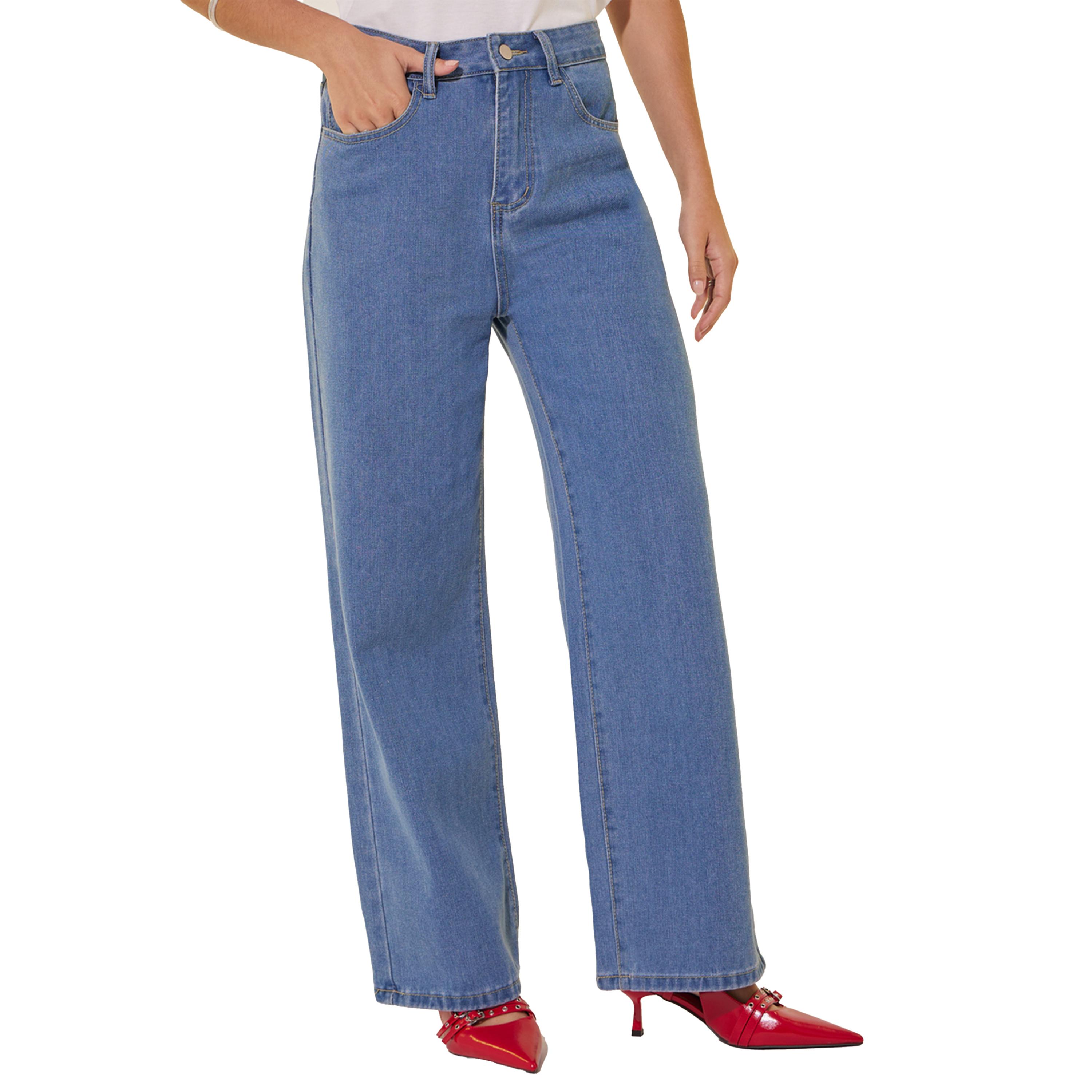 ستايلي - بنطال جينز سادة بخصر متوسط الارتفاع وواسع الساق-women-clothing-bottoms-jeans-image-2