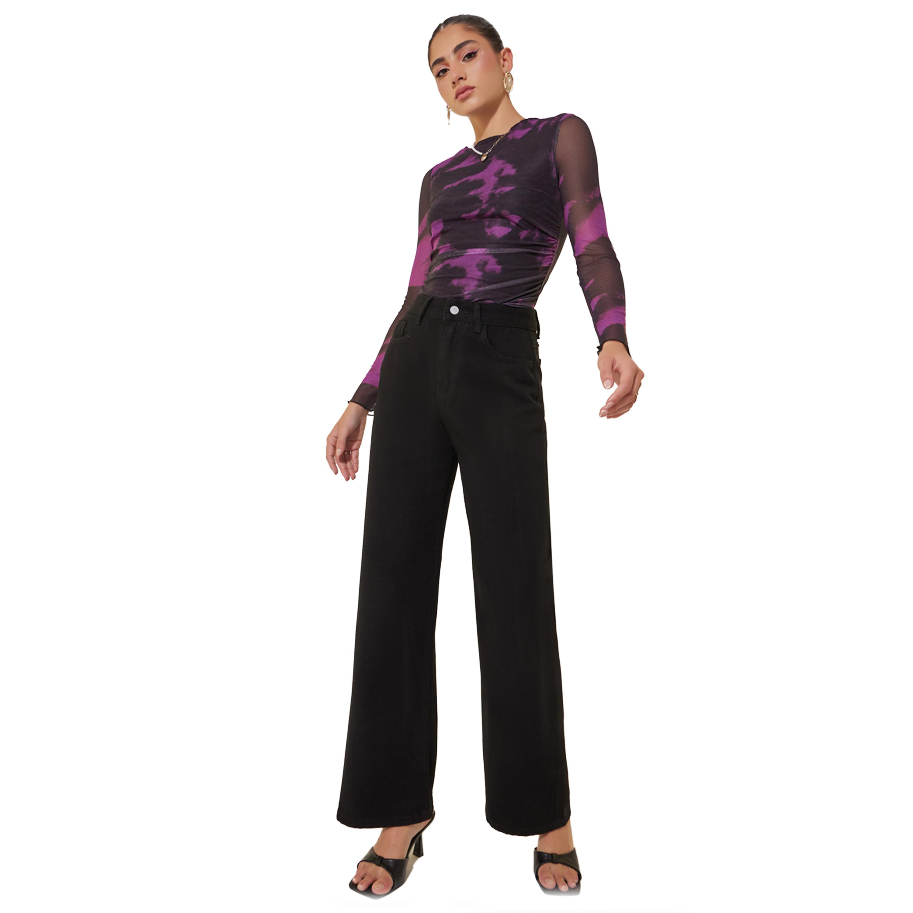 ستايلي - بنطال جينز سادة واسع الساق بخصر متوسط الارتفاع-women-clothing-bottoms-jeans-image-1