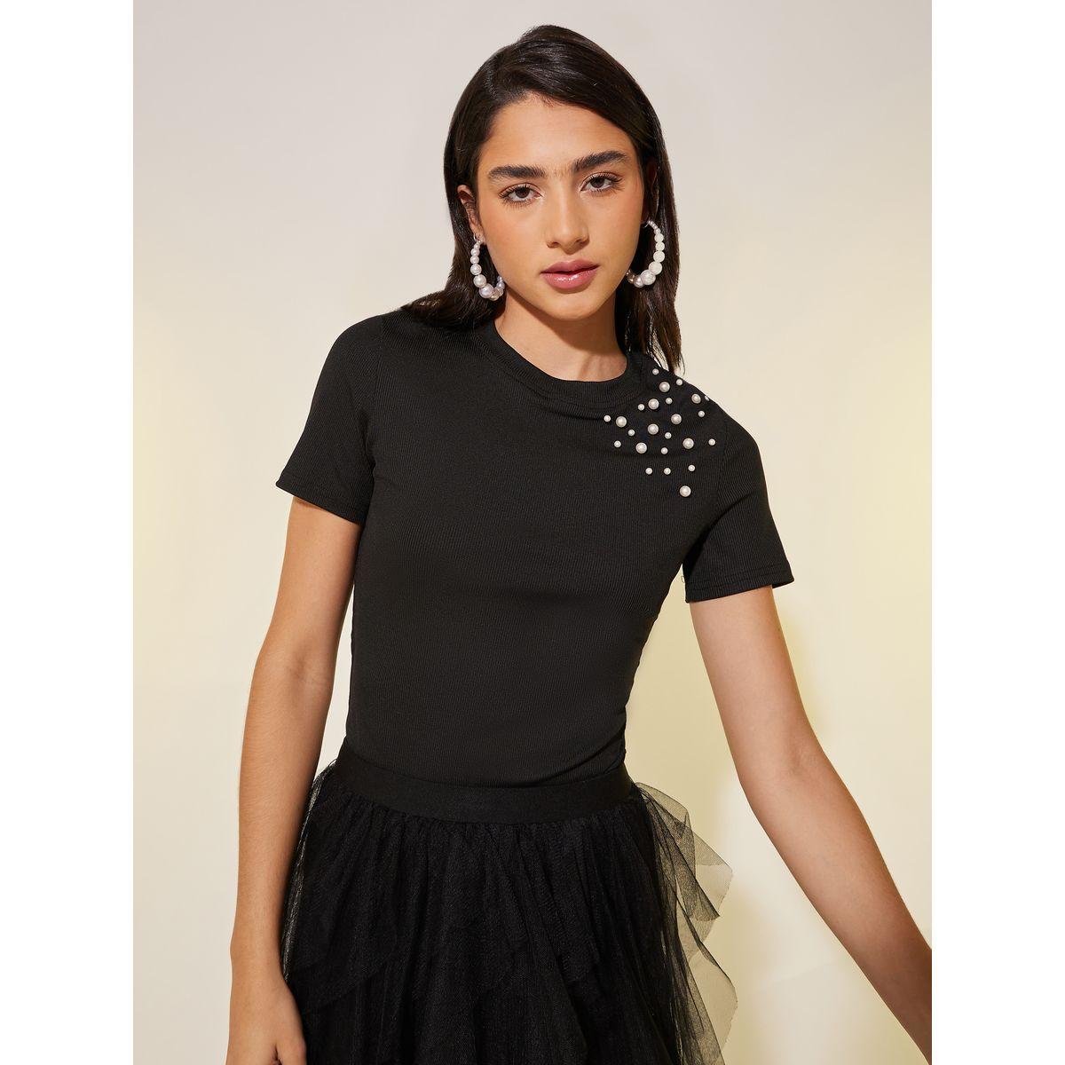 تيشيرت بقصة عادية وتفاصيل لؤلؤ صناعي-women-clothing-tshirts-image-1
