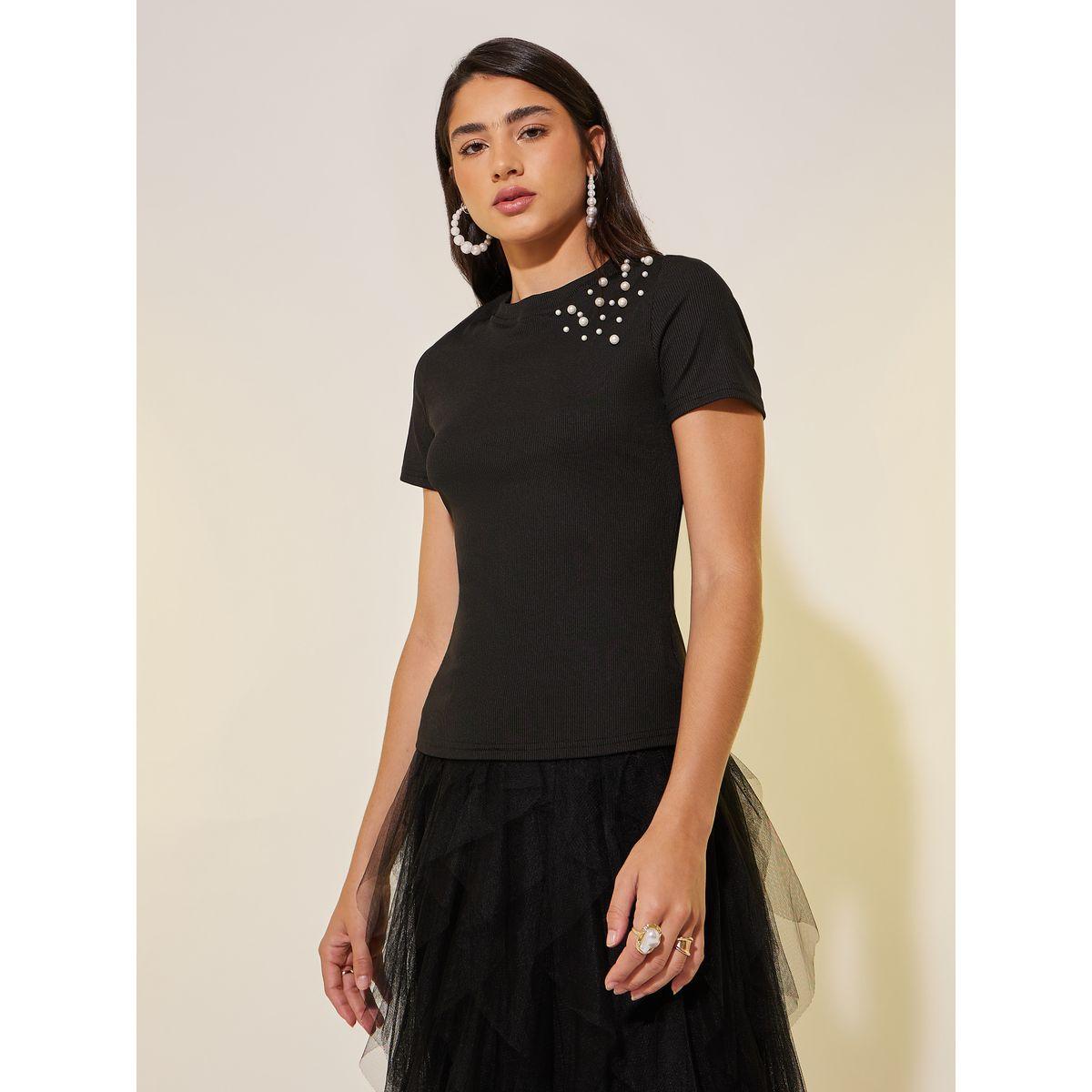 تيشيرت بقصة عادية وتفاصيل لؤلؤ صناعي-women-clothing-tshirts-image-2