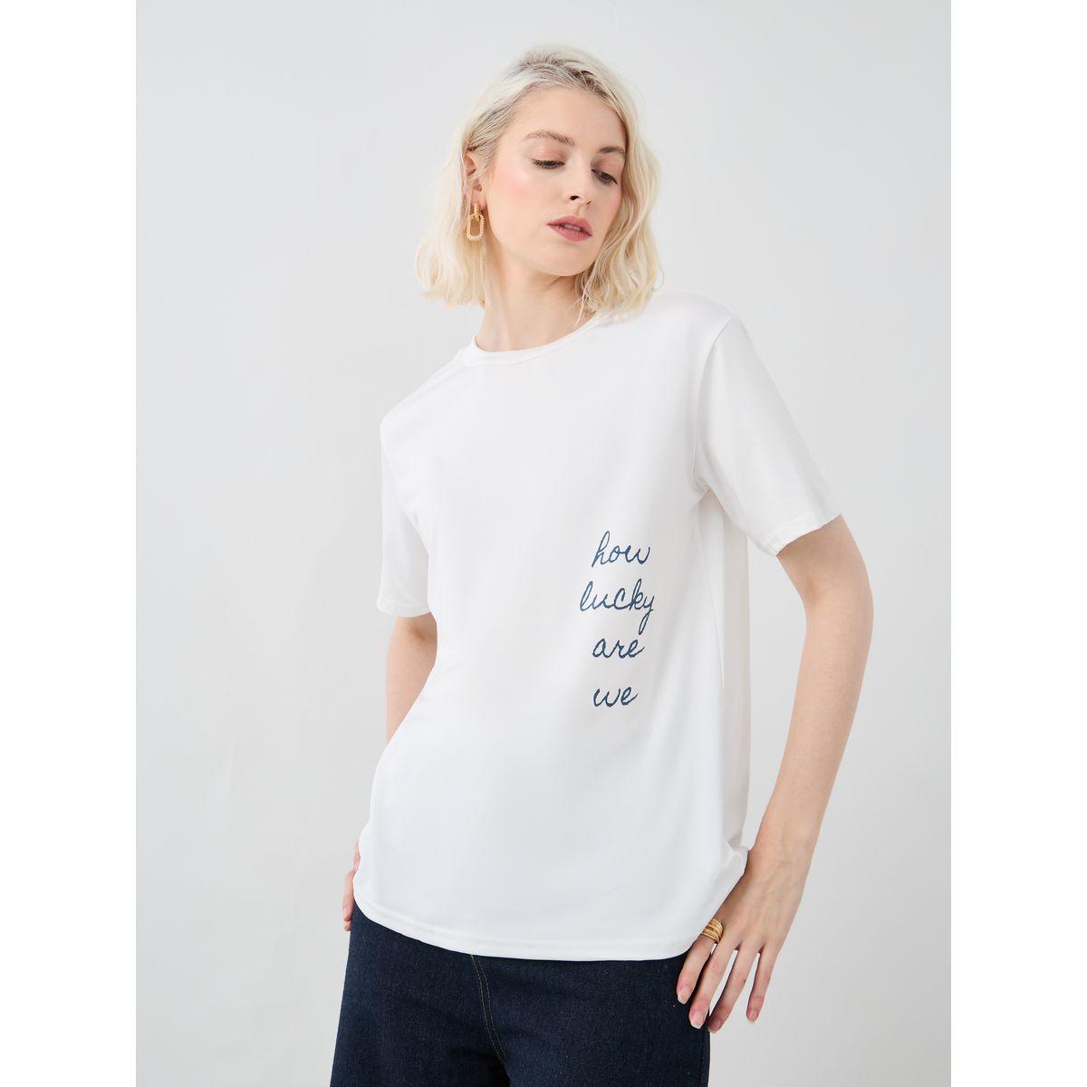 تيشيرت بياقة دائرية وطبعة كتابة-women-clothing-tshirts-image-1