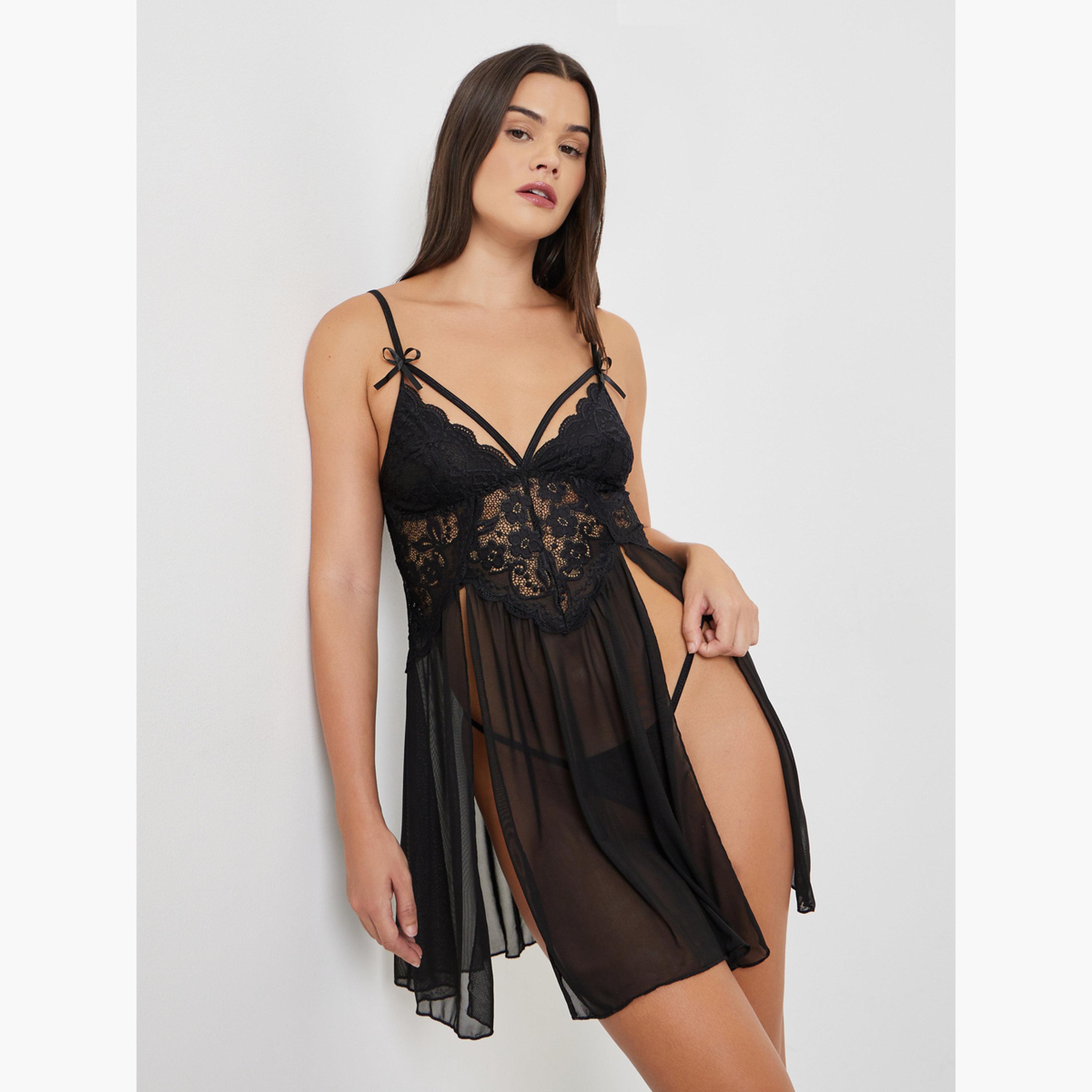 ستايلي - بيبي دول بجزء علوي من الدانتيل وحزام علوي مع سروال داخلي-women-clothing-lingerie-babydollsandbodysuits-image-1