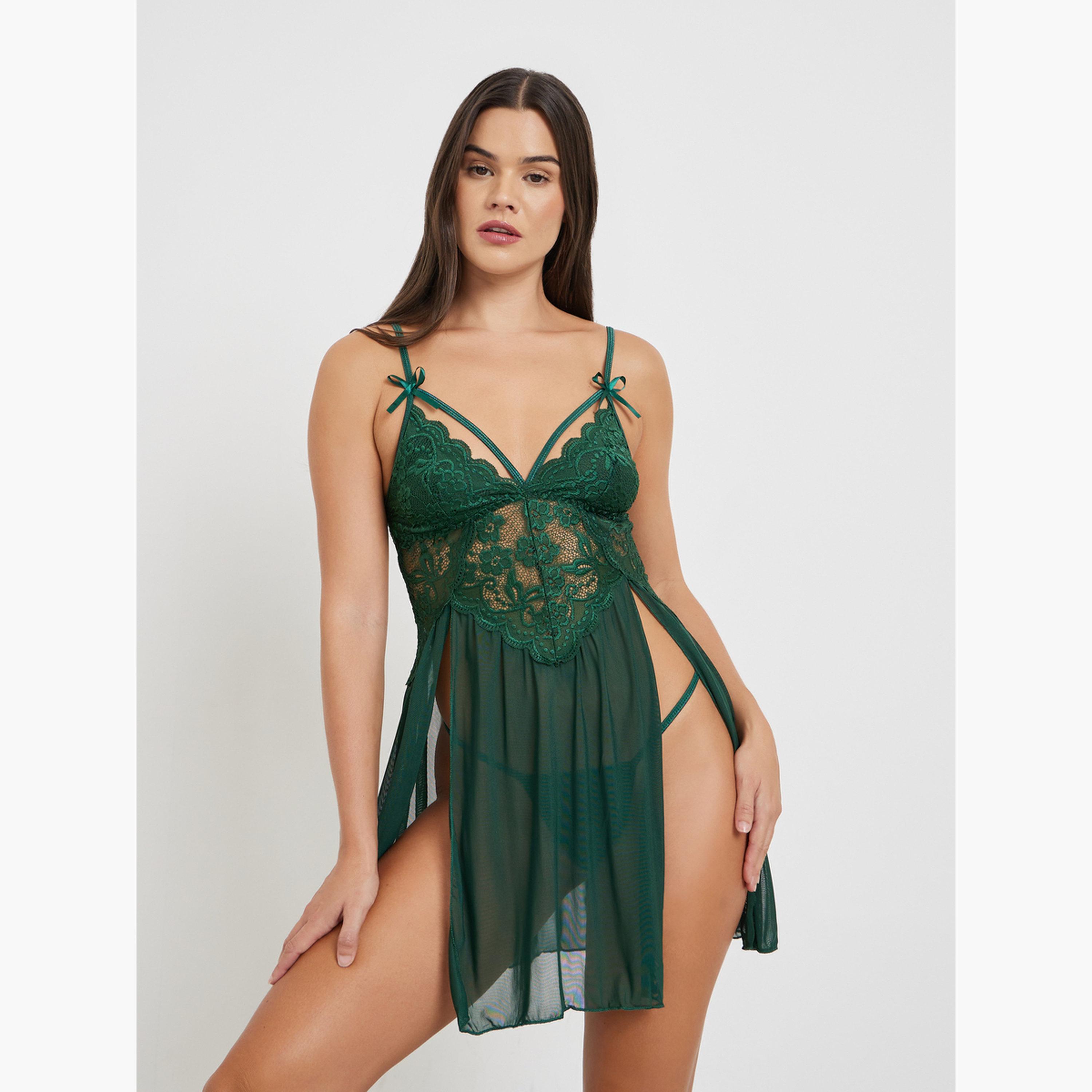 ستايلي - بيبي دول بجزء علوي من الدانتيل وحزام علوي مع سروال داخلي-women-clothing-lingerie-babydollsandbodysuits-image-1