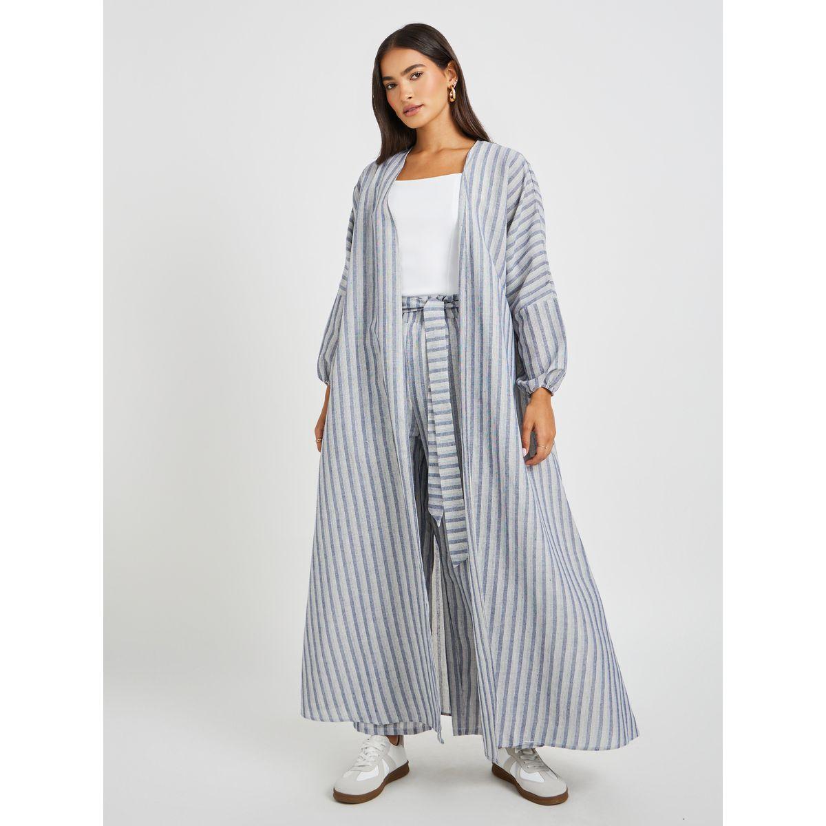 Styli Striped Linen Look Regular Fit Maxi Length Abaya-women-arabicclothing-abayas-image-1