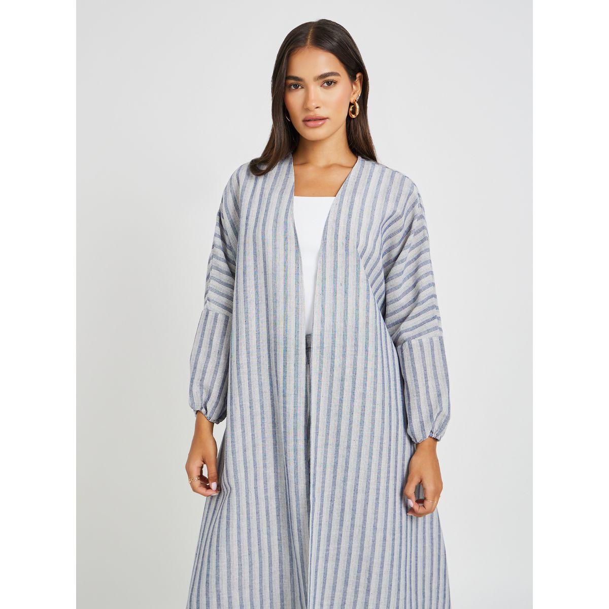 Styli Striped Linen Look Regular Fit Maxi Length Abaya-women-arabicclothing-abayas-image-2