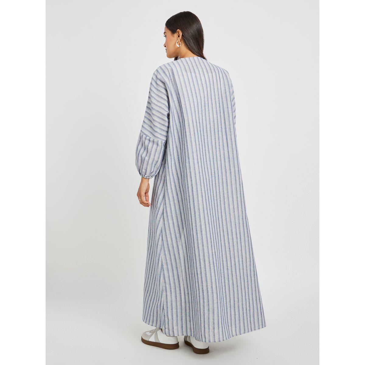 Styli Striped Linen Look Regular Fit Maxi Length Abaya-women-arabicclothing-abayas-image-4