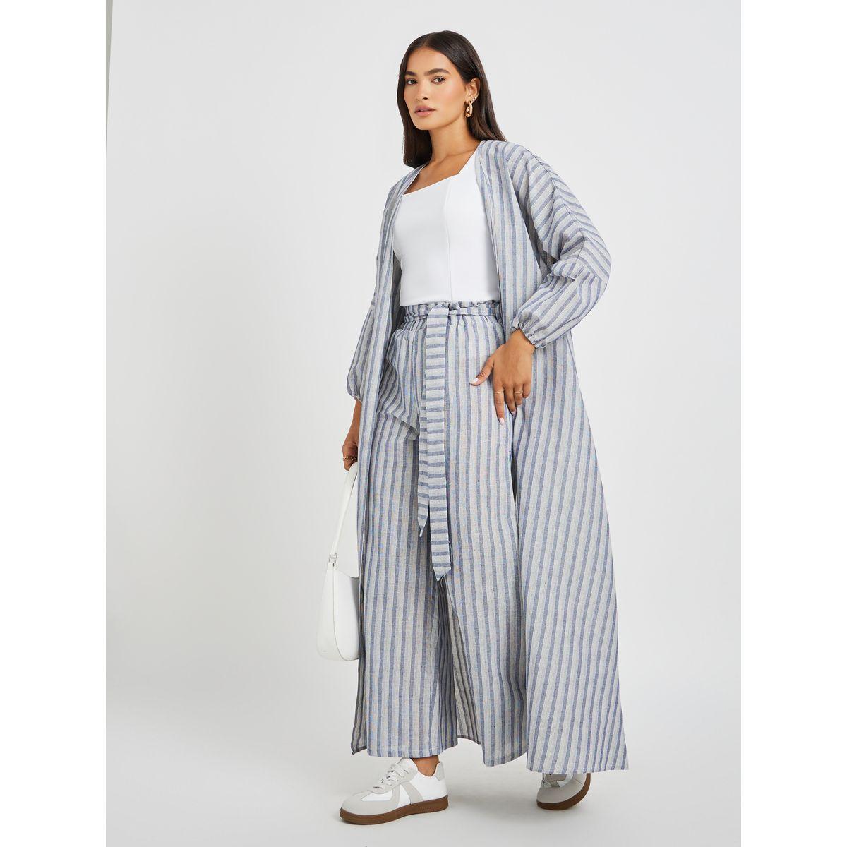 بنطال مخطط بخصر بيبر باغ مع حزام-women-clothing-bottoms-trousers-image-1
