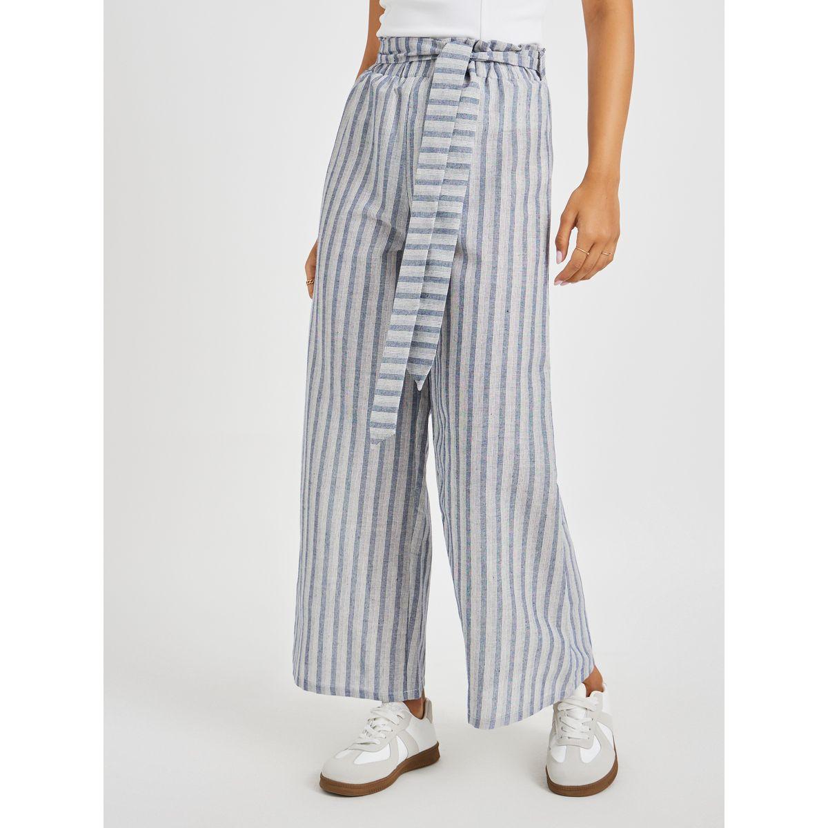 بنطال مخطط بخصر بيبر باغ مع حزام-women-clothing-bottoms-trousers-image-2