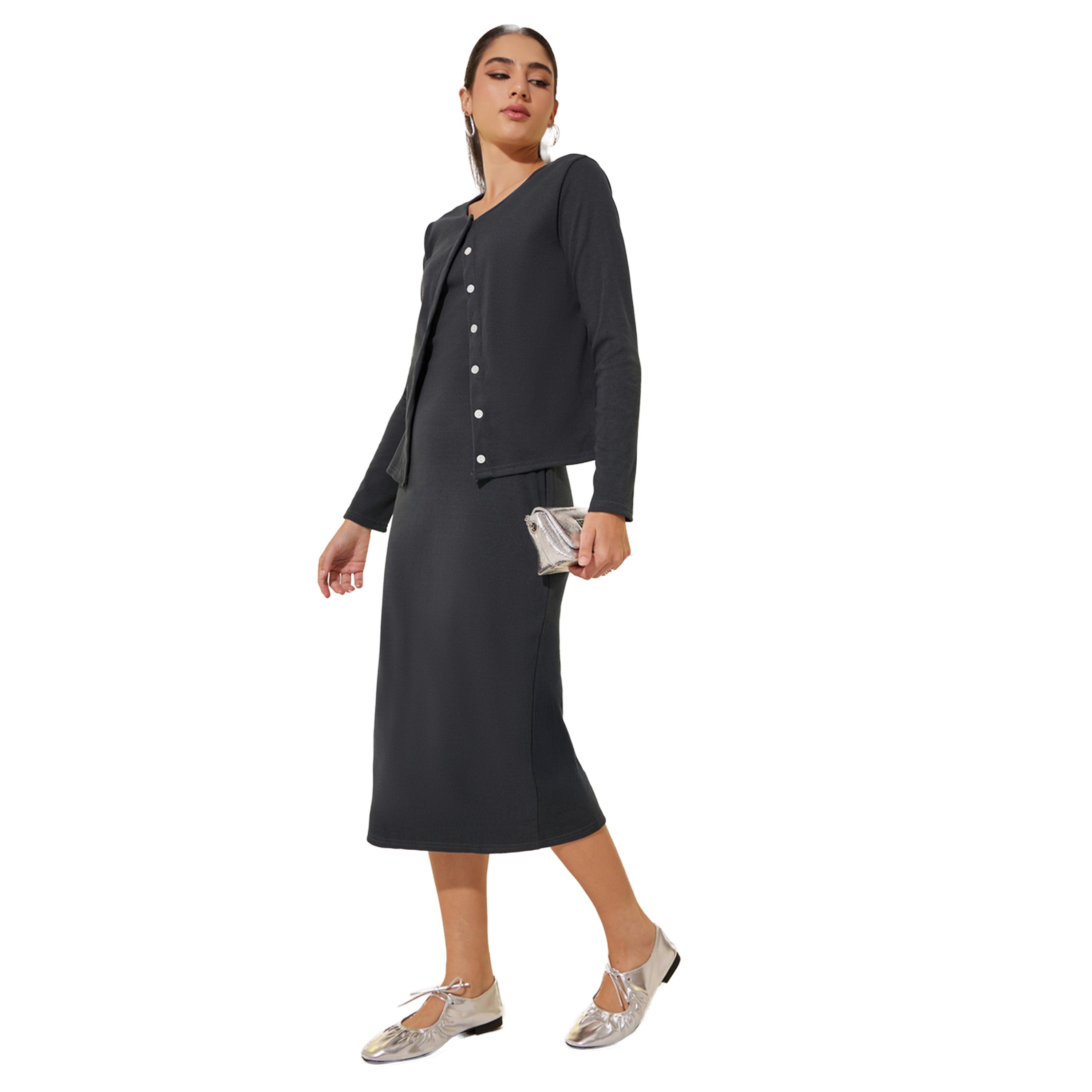 ستايلي -   طقم فستان وسترة طويلة كارديغان محبوك بأزرار-women-clothing-coordsets-image-1