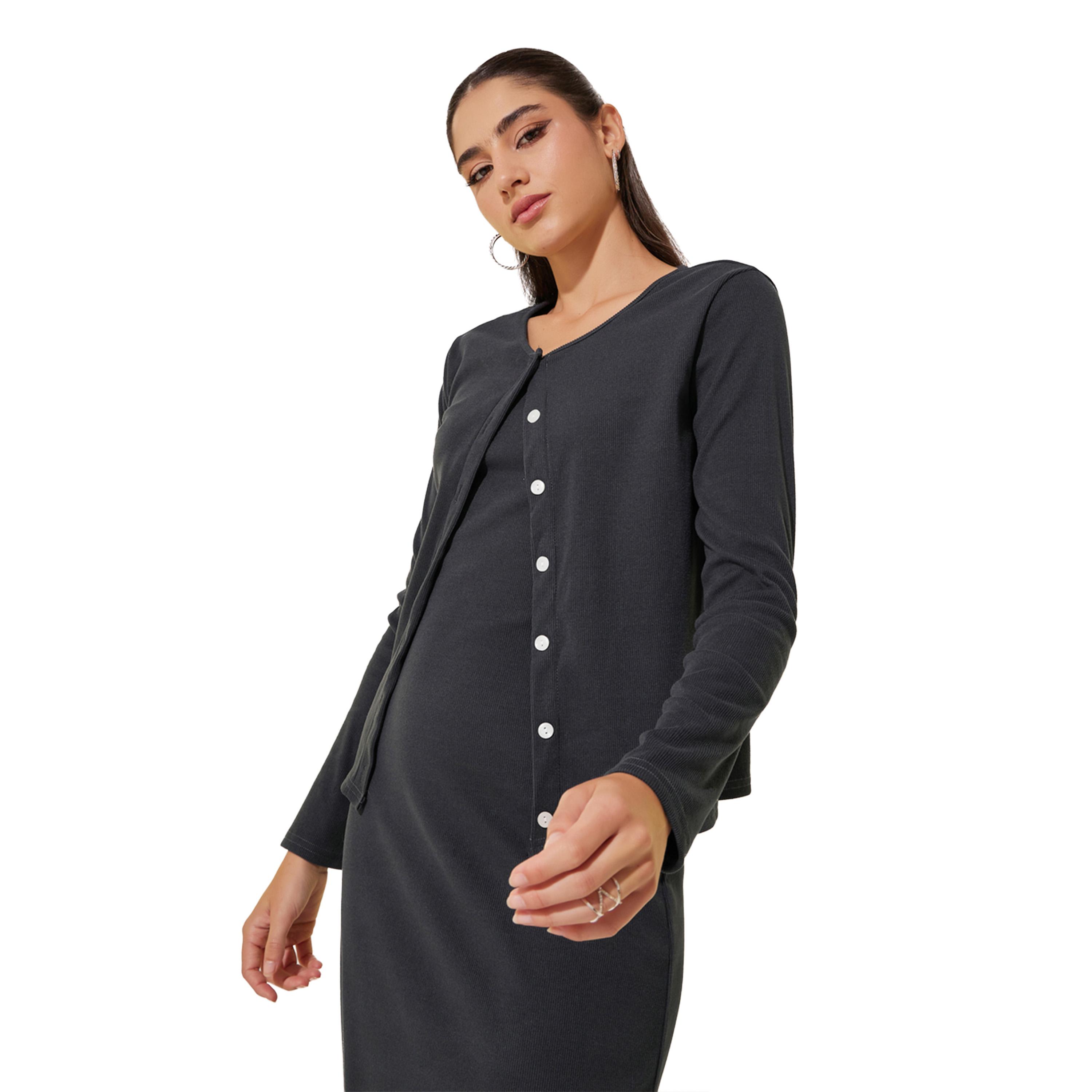 Styli Solid Knitted Buttoned Cardigan and Dress Set-women-clothing-coordsets-image-2