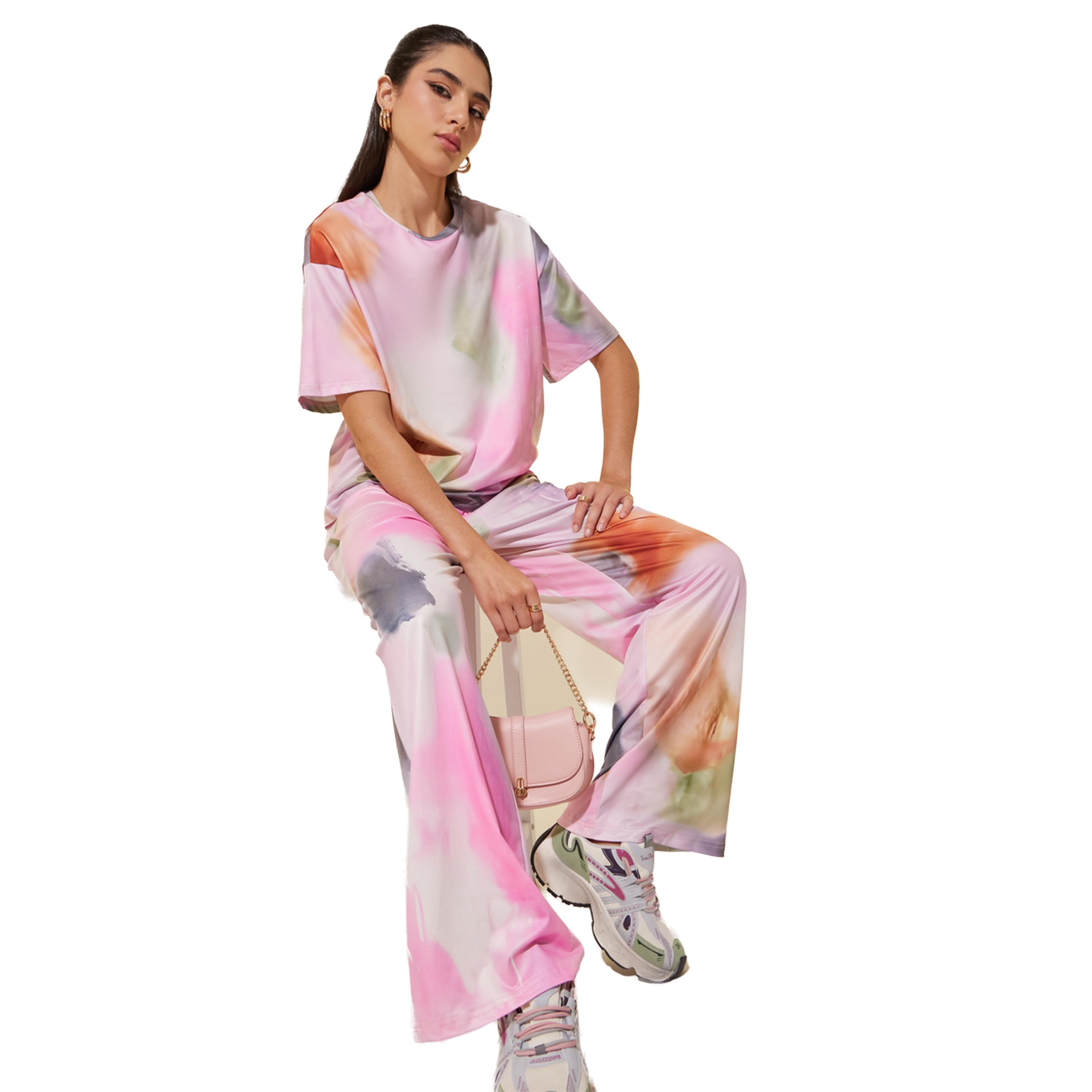 ستايلي -  تي شيرت وبنطال بطباعة ربطة عنق وصباغة وأكتاف منسدلة-women-clothing-coordsets-image-1