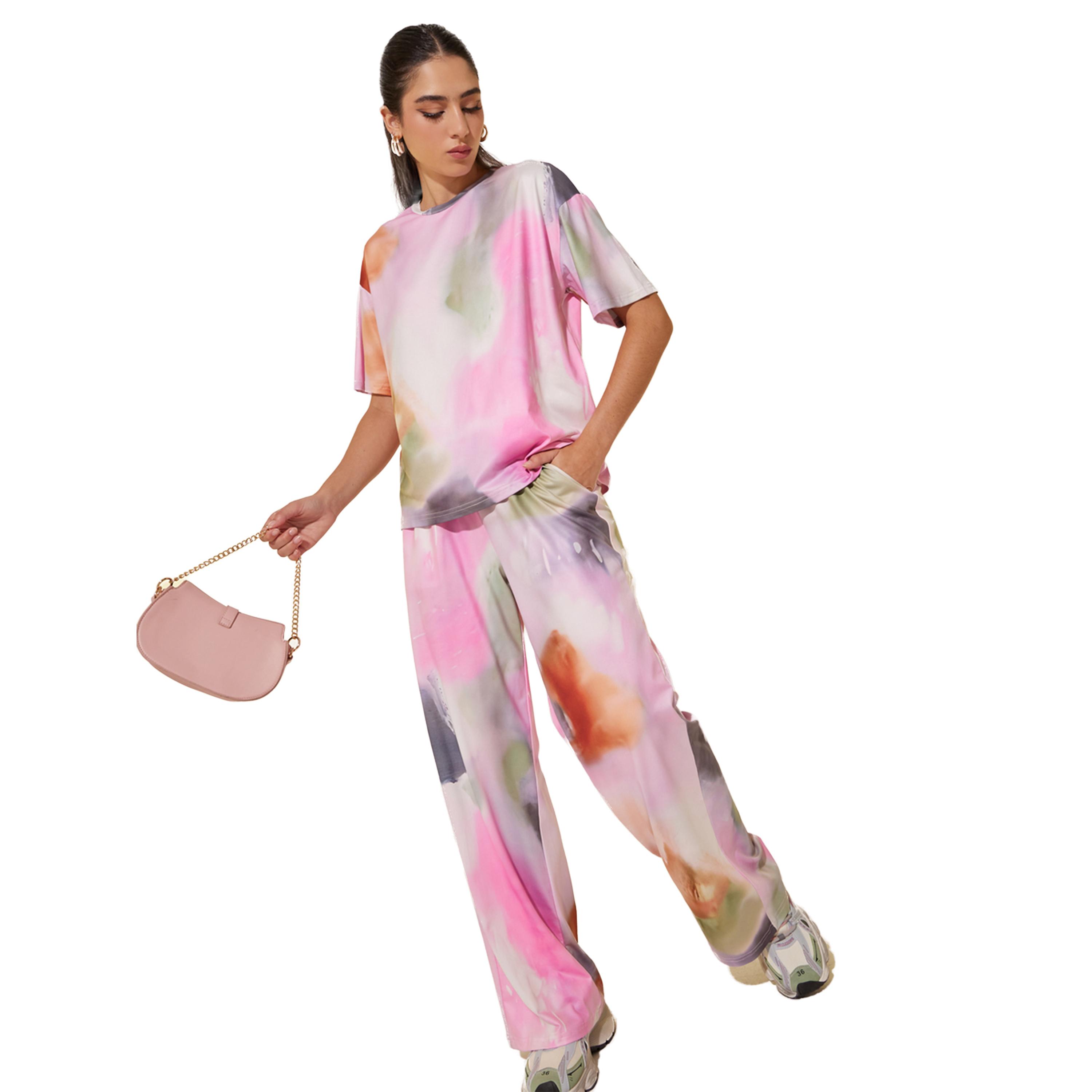 ستايلي -  تي شيرت وبنطال بطباعة ربطة عنق وصباغة وأكتاف منسدلة-women-clothing-coordsets-image-2