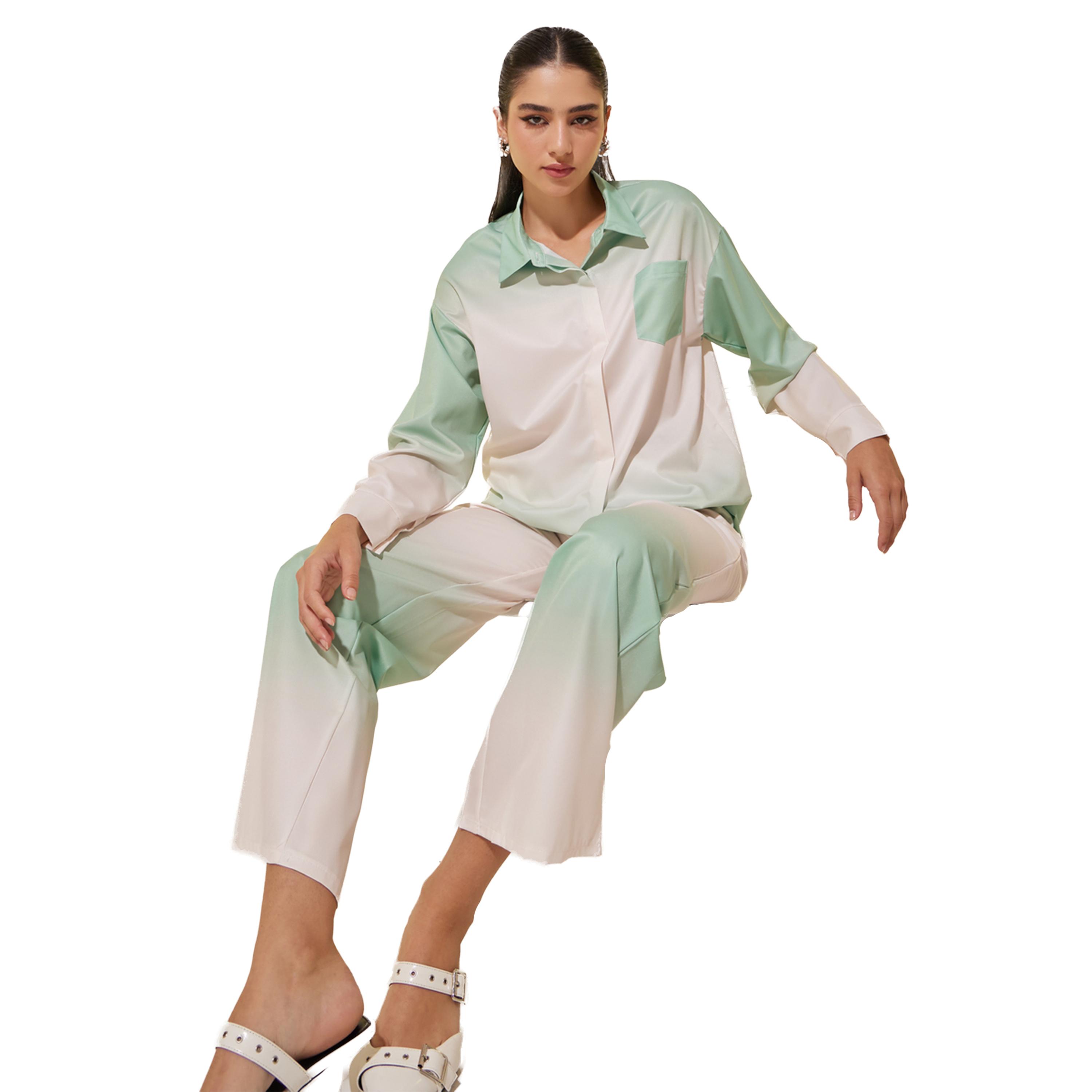 Styli Long Sleeve Collared Ombre Shirt and Trousers Set-women-clothing-coordsets-image-1
