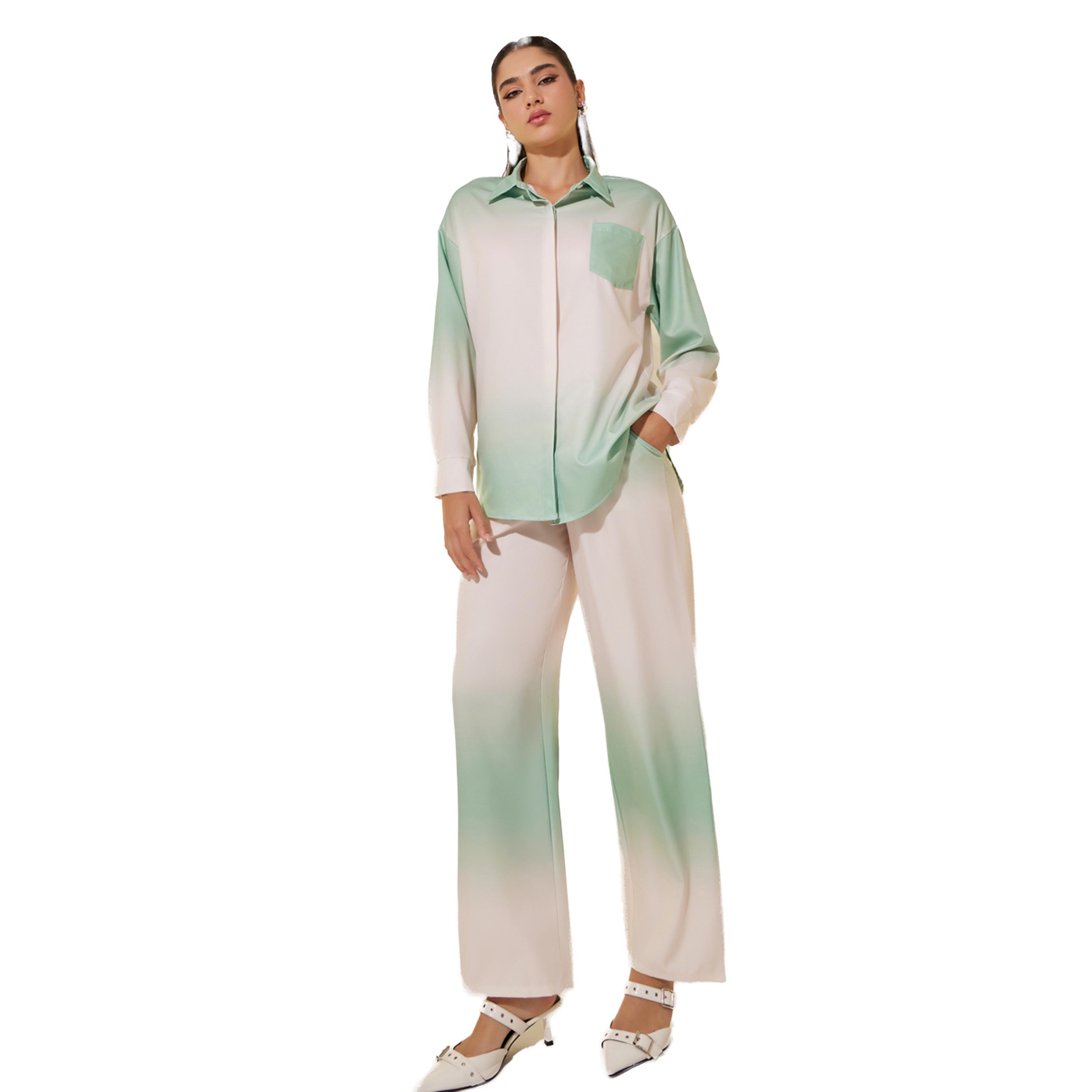 Styli Long Sleeve Collared Ombre Shirt and Trousers Set-women-clothing-coordsets-image-2