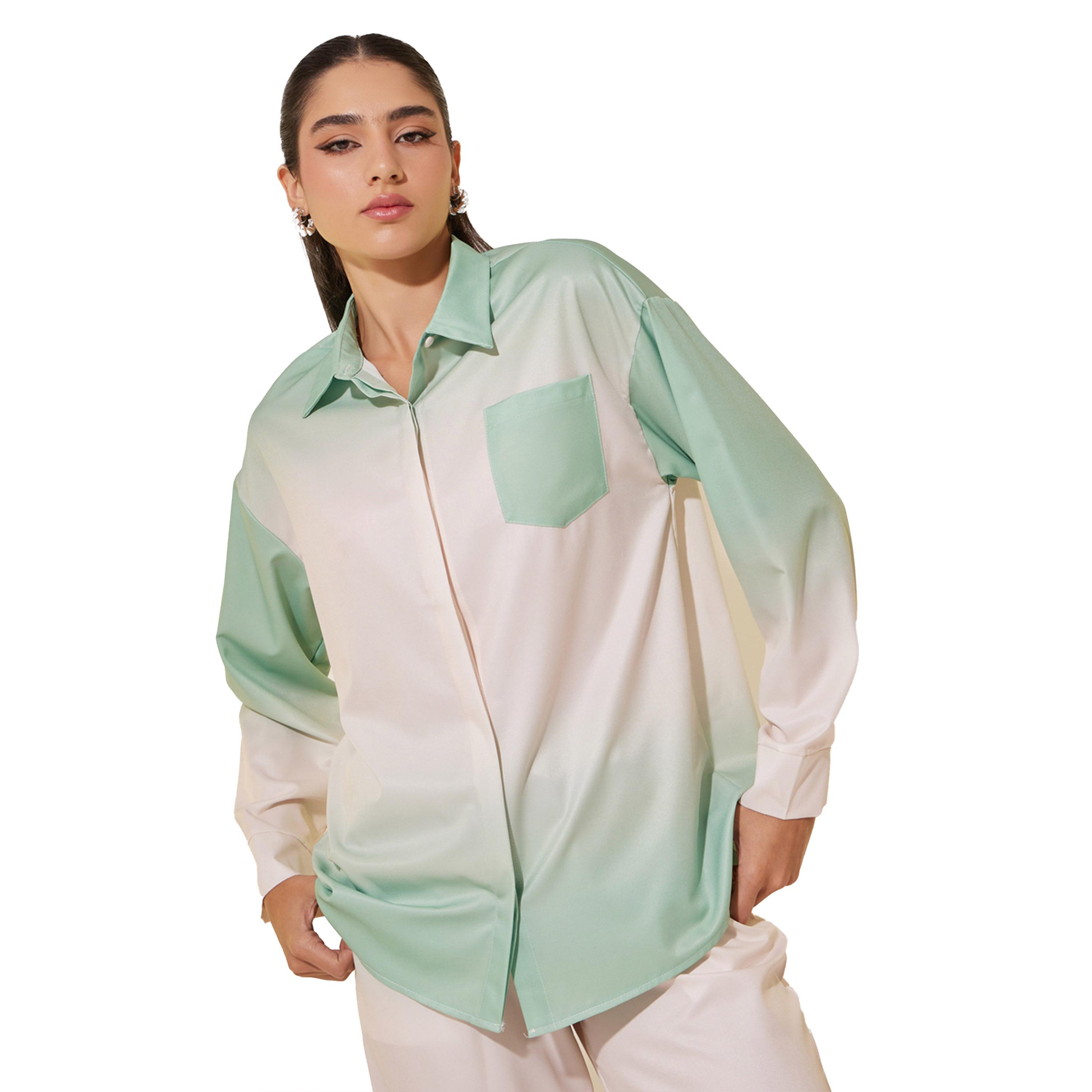 ستايلي - طقم قميص أومبري بأكمام طويلة وياقة مع بنطال-women-clothing-coordsets-image-3