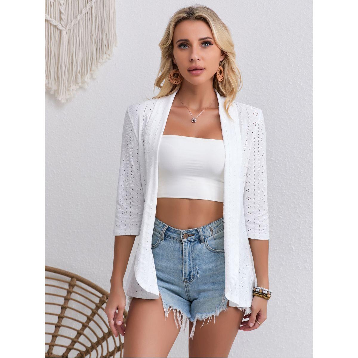 Styli Women White Solid Eyelet Detail Open Front Shrug-women-clothing-shirtsandblouses-blouses-image-3