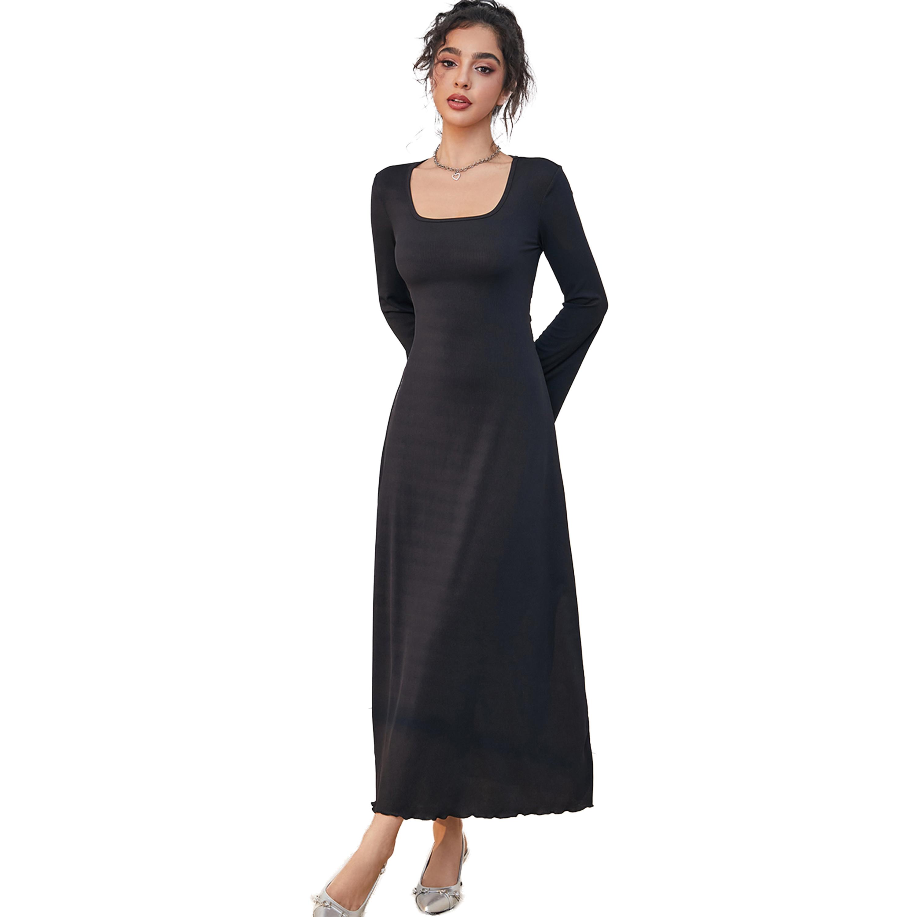Styli Solid Scoop Neck Long Sleeve Maxi Dress-women-clothing-dresses-image-1