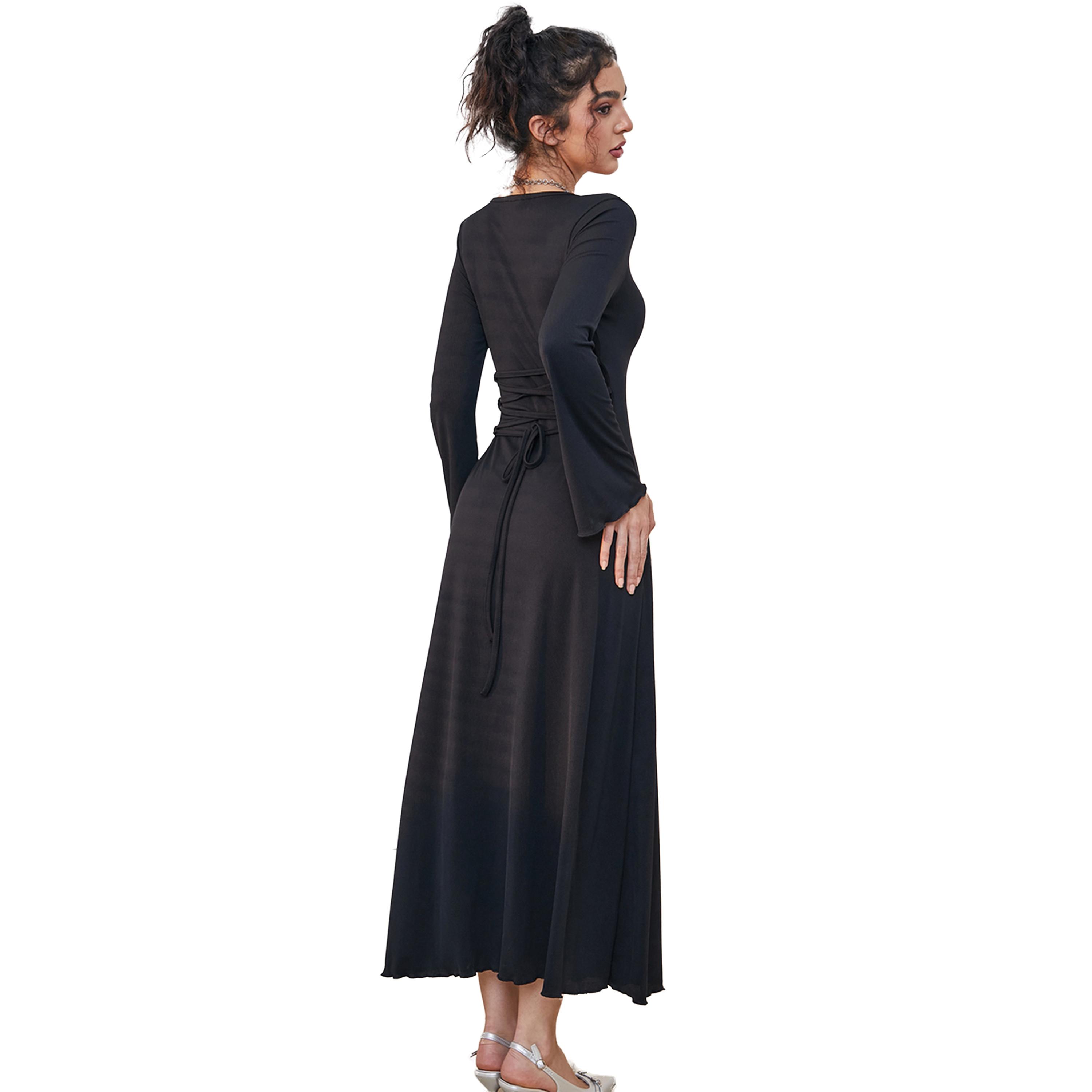 ستايلي -  فستان ماكسي سادة بياقة دائرية وأكمام طويلة-women-clothing-dresses-image-2