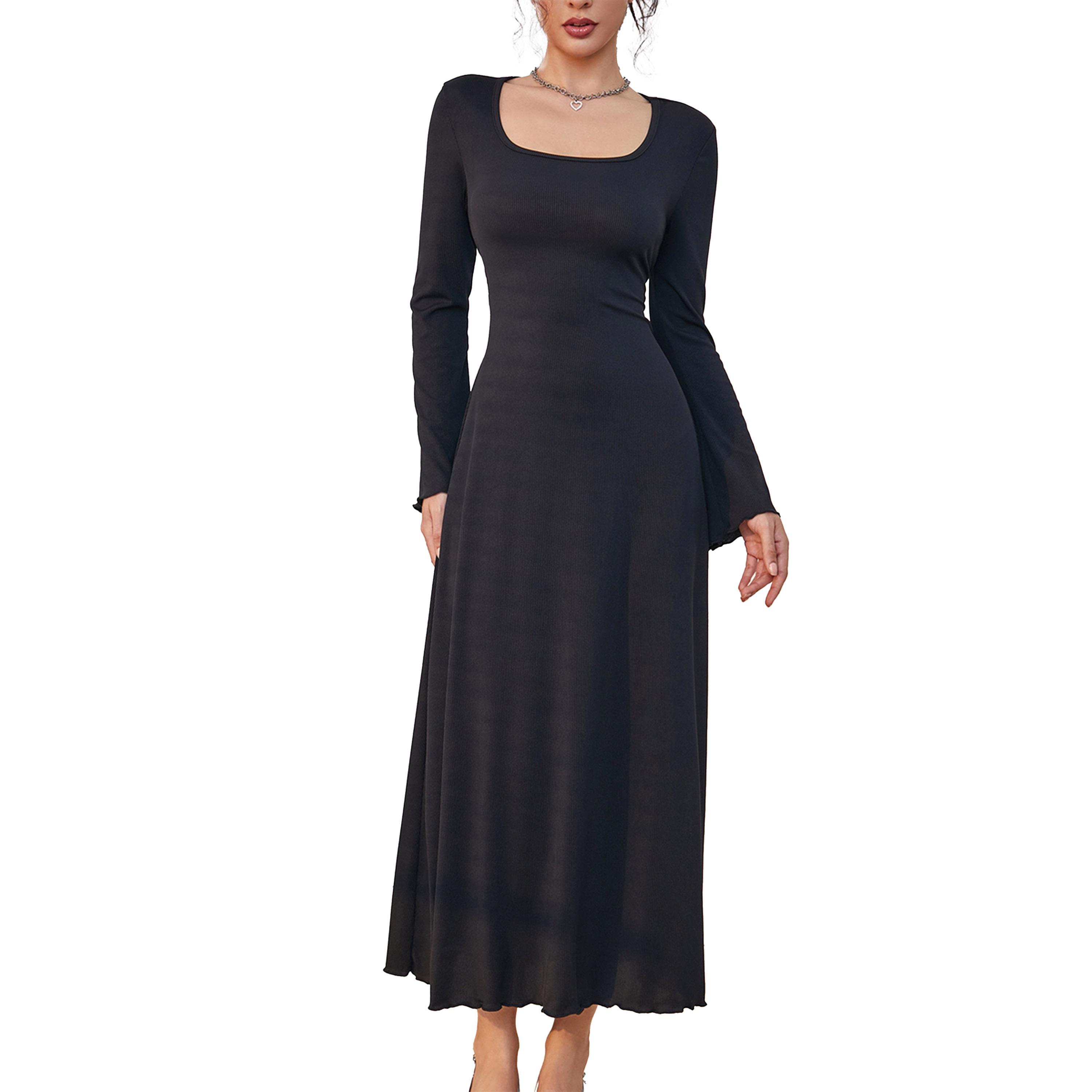 ستايلي -  فستان ماكسي سادة بياقة دائرية وأكمام طويلة-women-clothing-dresses-image-4