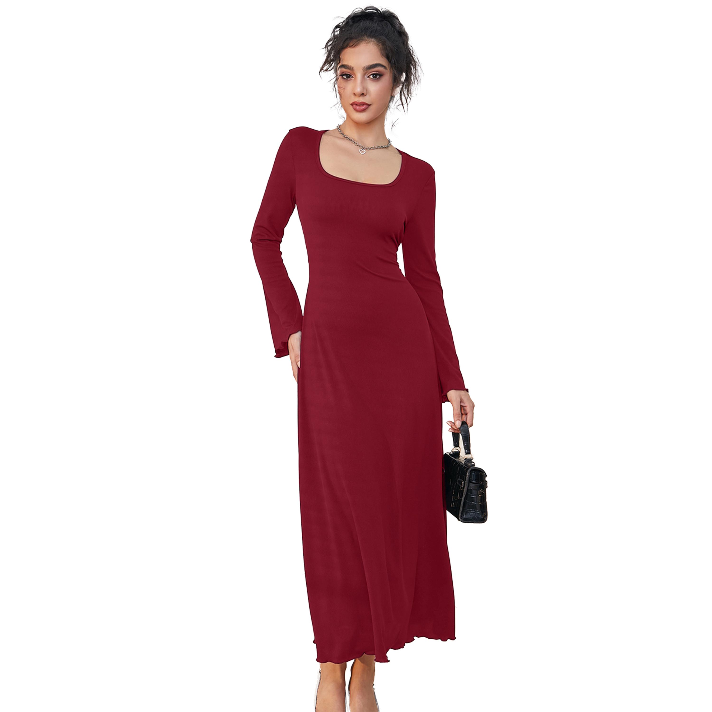 ستايلي -  فستان ماكسي سادة بياقة دائرية وأكمام طويلة-women-clothing-dresses-image-5