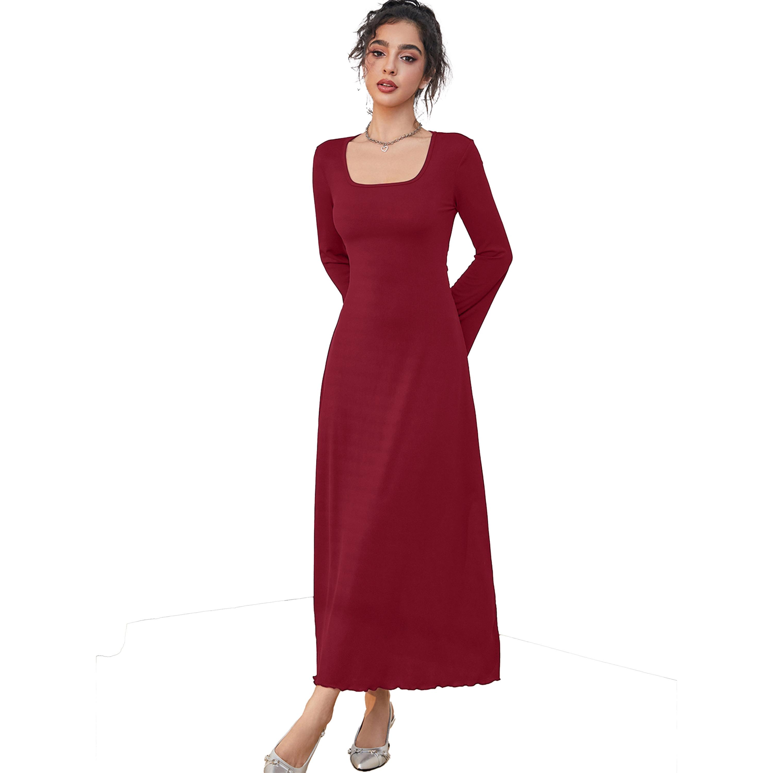 ستايلي -  فستان ماكسي سادة بياقة دائرية وأكمام طويلة-women-clothing-dresses-image-3