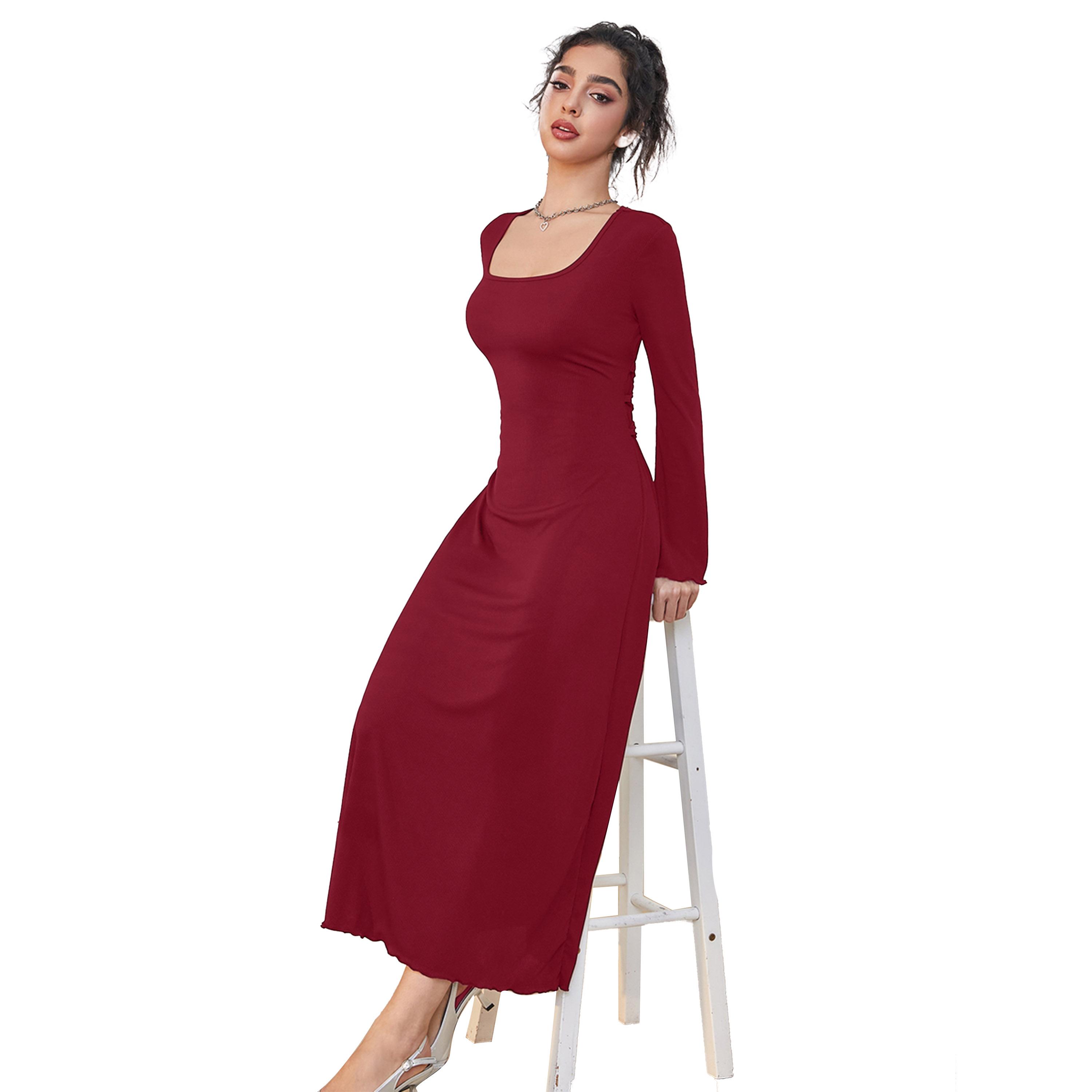 ستايلي -  فستان ماكسي سادة بياقة دائرية وأكمام طويلة-women-clothing-dresses-image-2