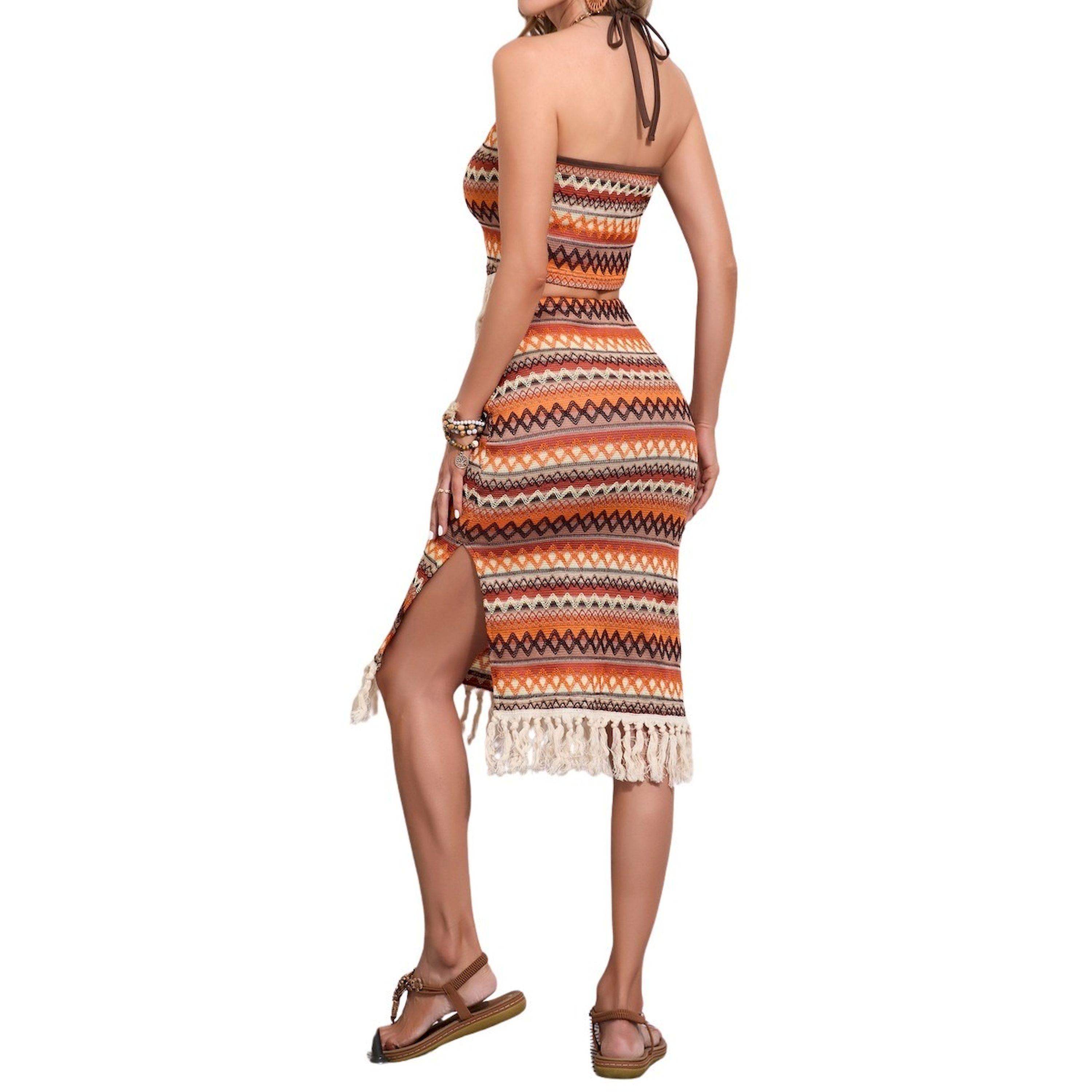 Styli Striped Style Fringe Hem Cami Top And Skirt Set-women-clothing-coordsets-image-2