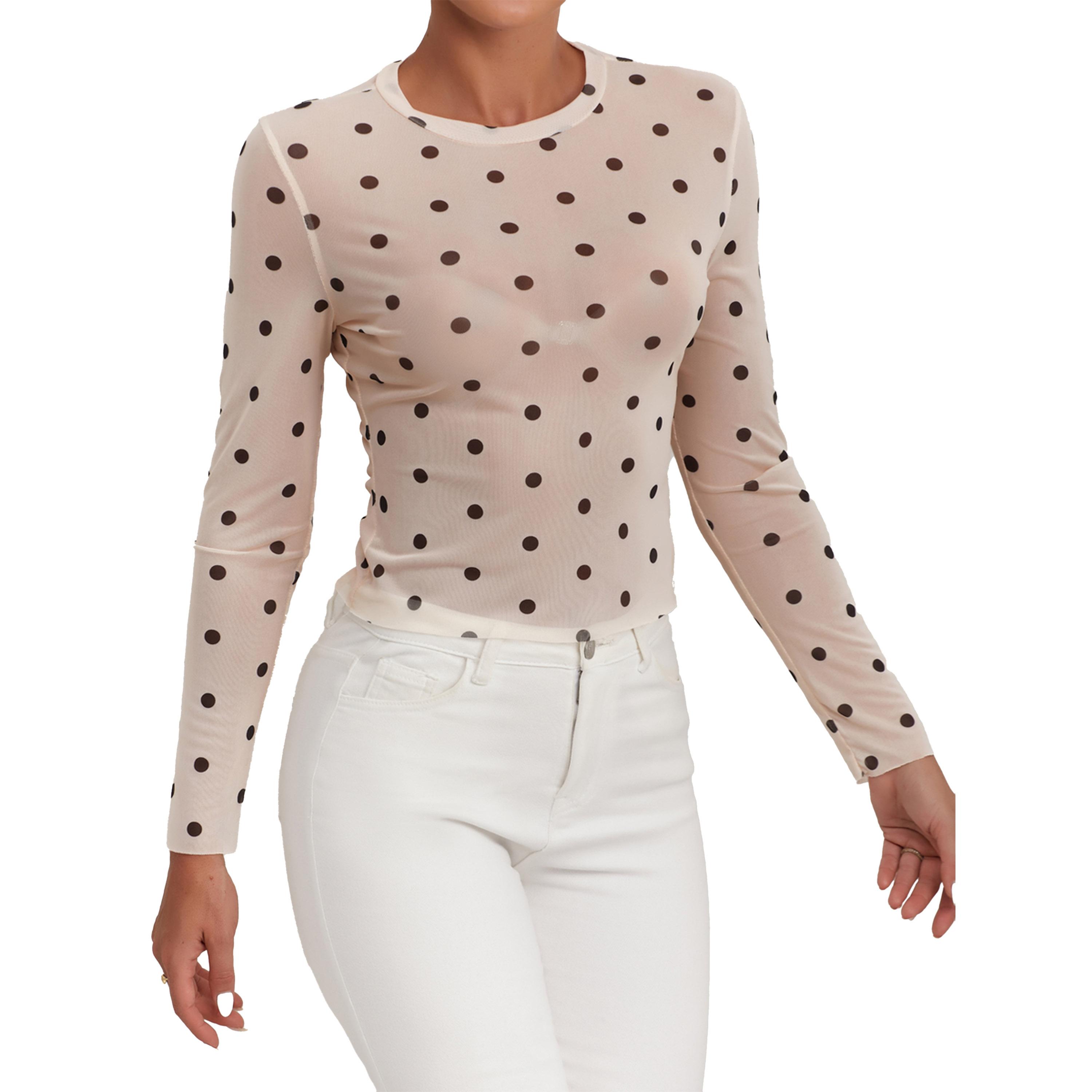ستايلي - بلوزة من القماش الشبكي المنقطة بأكمام طويلة ورقبة دائرية-women-clothing-shirtsandblouses-blouses-image-4