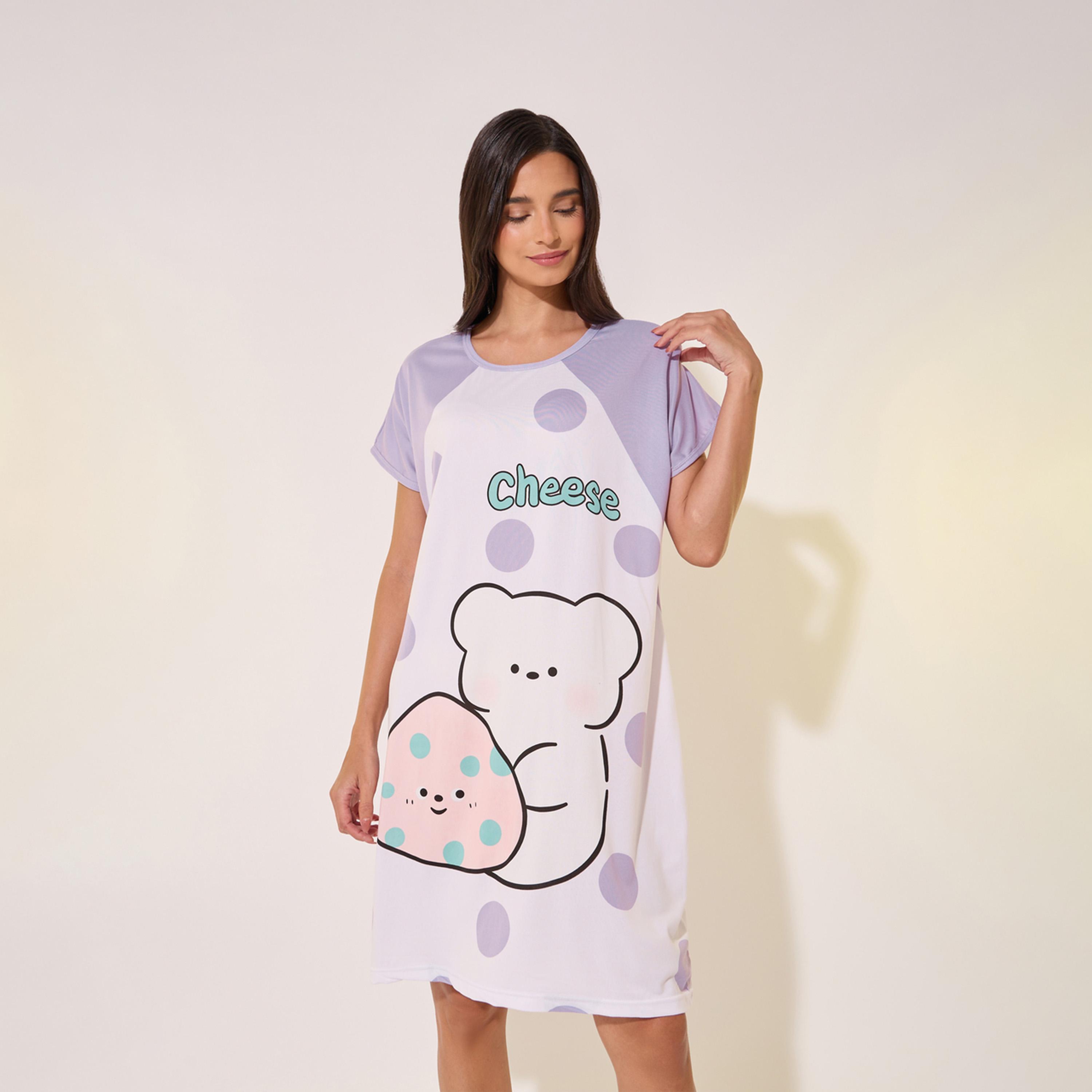 ستايلي - فستان نوم تي شيرت برقبة دائرية وطبعة جرافيكية-women-clothing-nightwear-nighties-image-2
