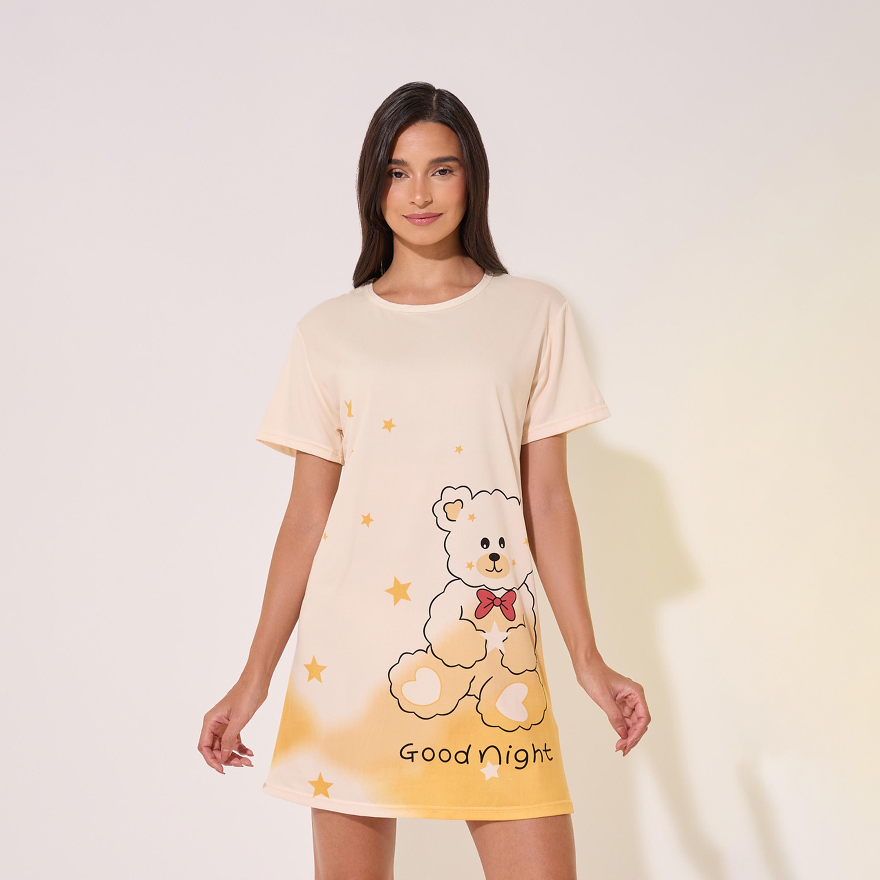 Styli Graphic Print Round Neck Sleep T-Shirt Dress-women-clothing-nightwear-nighties-image-1